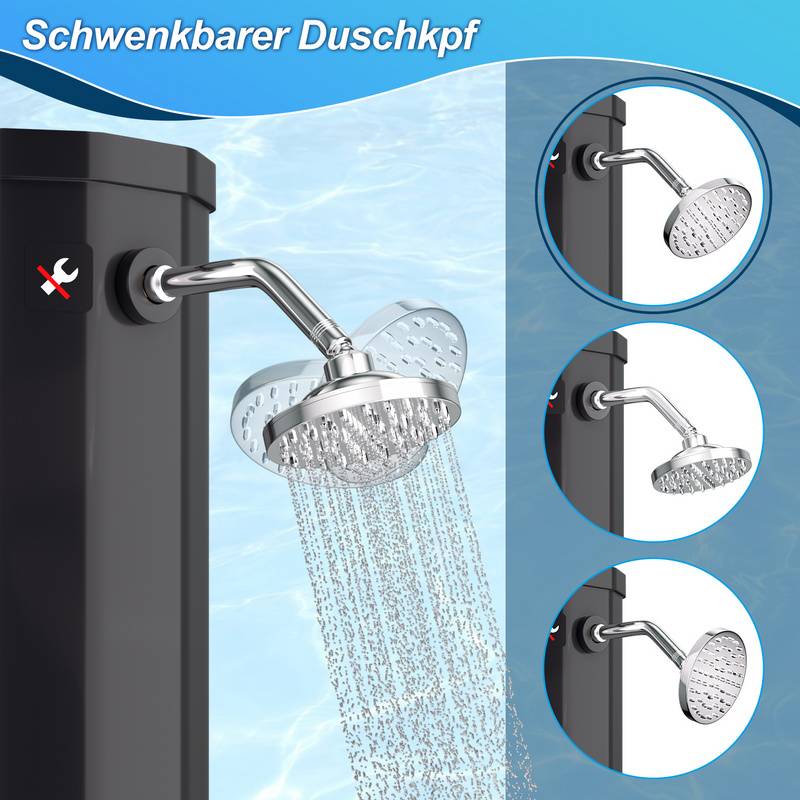 Solardusche 20-60 Liter | schwenkbarem Duschkopf & Fußdusche | Schwarz/Silber | bis 60°C | mit Gartenschlauch