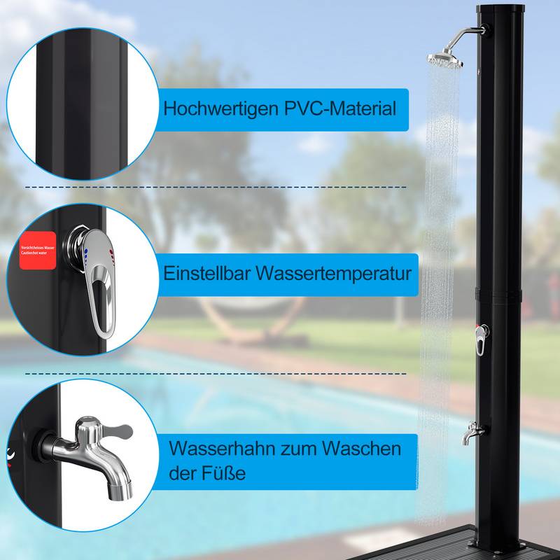 Solardusche 20-60 Liter - bis 60°C – mit schwenkbarem Duschkopf, Fußdusche & Gartenschlauch