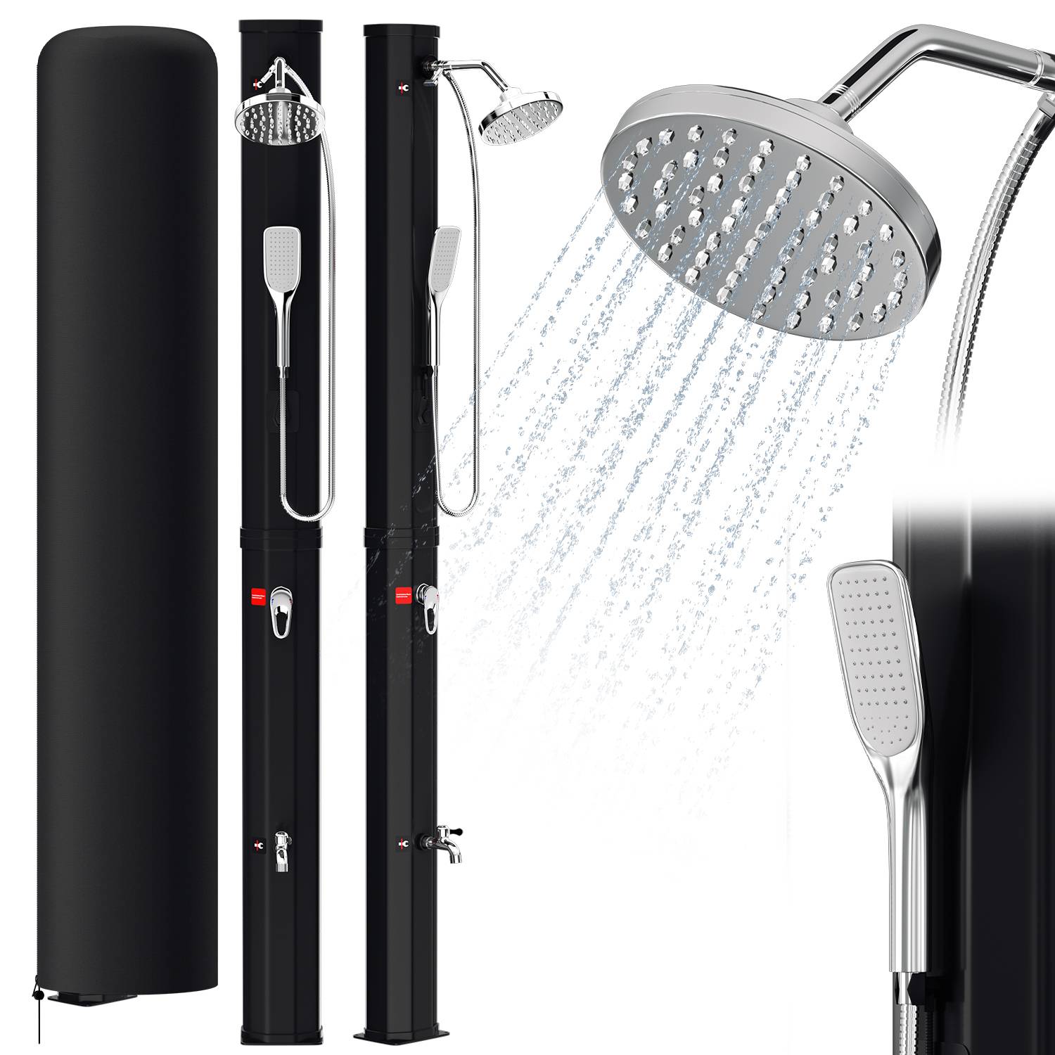 Solardusche Gartenduschen mit Handbrause、integriertem Fußdusche runder Duschkopf inkl. Montagematerial & Abdeckhaube 35 L Schwarz