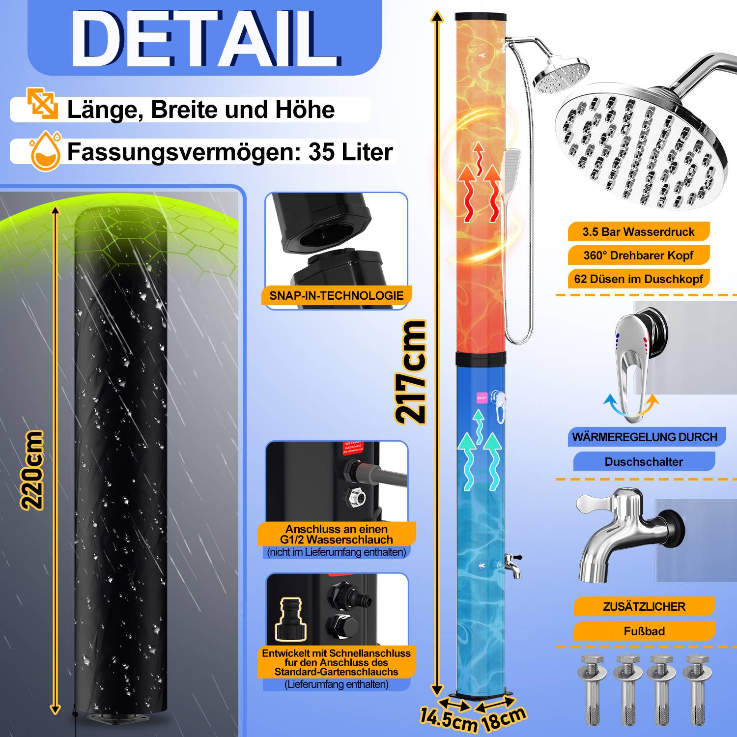 Solardusche 35L mit Regenschutz und Handbrause Sommerdusche mit Fußdusche Pooldusche Gartendusche Brause