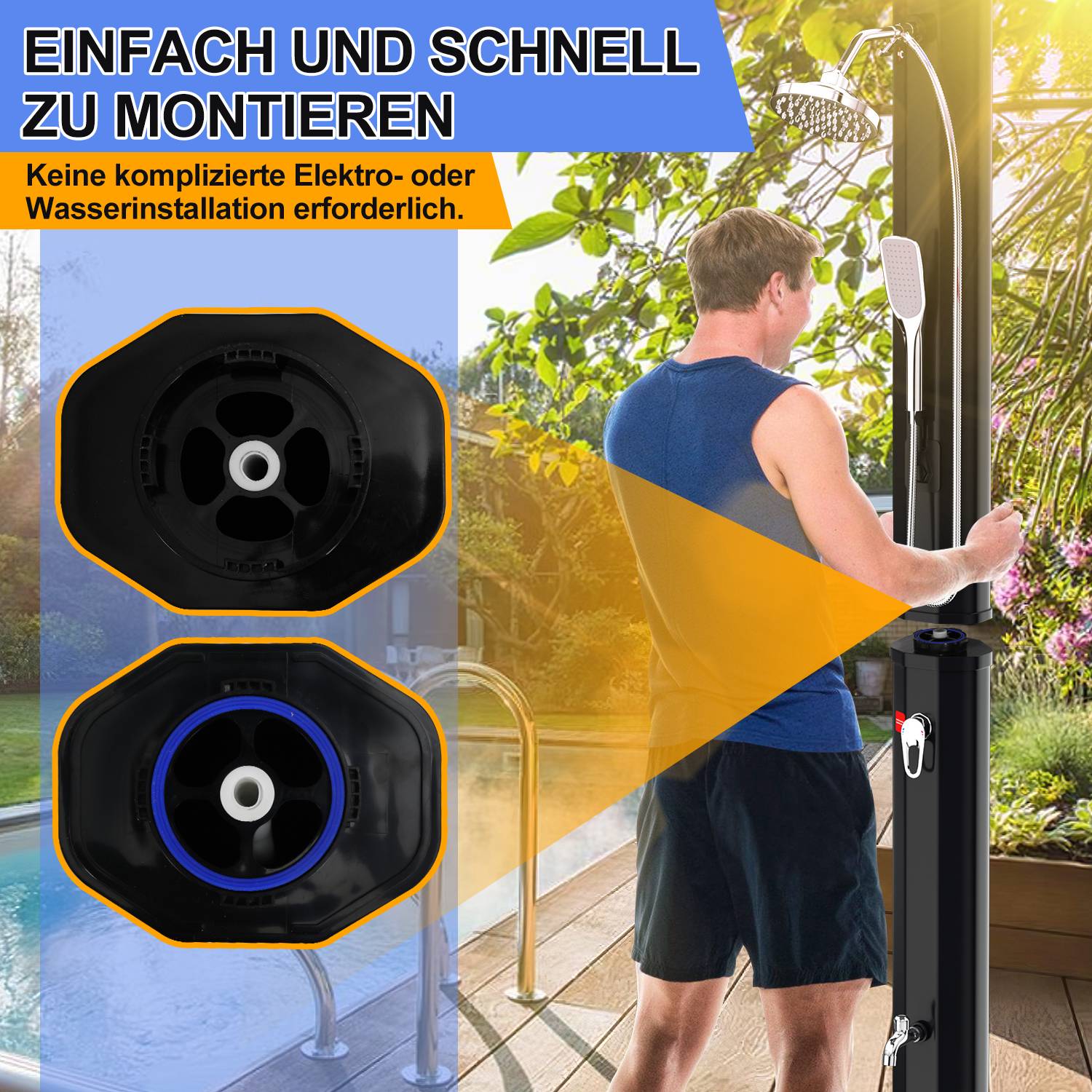 Solardusche 20-60 Liter - bis 60°C – mit schwenkbarem Duschkopf, Fußdusche & Gartenschlauch