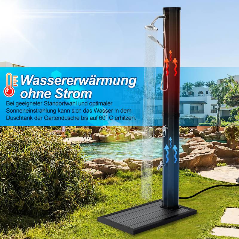 Solardusche 20-60 Liter | schwenkbarem Duschkopf & Fußdusche | Schwarz/Silber | bis 60°C | mit Gartenschlauch