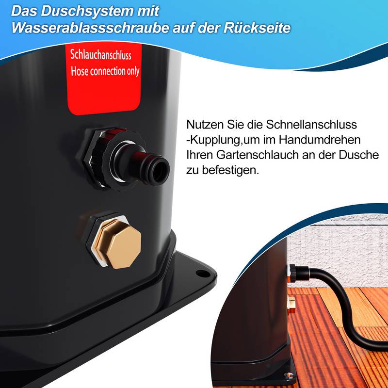 Solardusche 20-60 Liter - bis 60°C – mit schwenkbarem Duschkopf, Fußdusche & Gartenschlauch