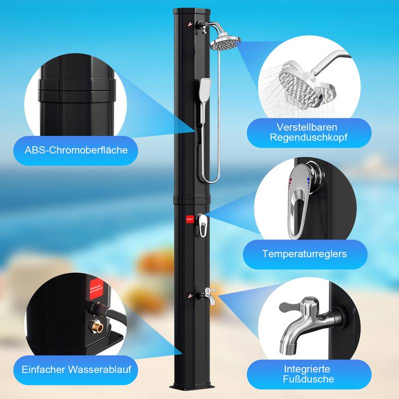 Solardusche 20-60 Liter - bis 60°C – mit schwenkbarem Duschkopf, Fußdusche & Gartenschlauch