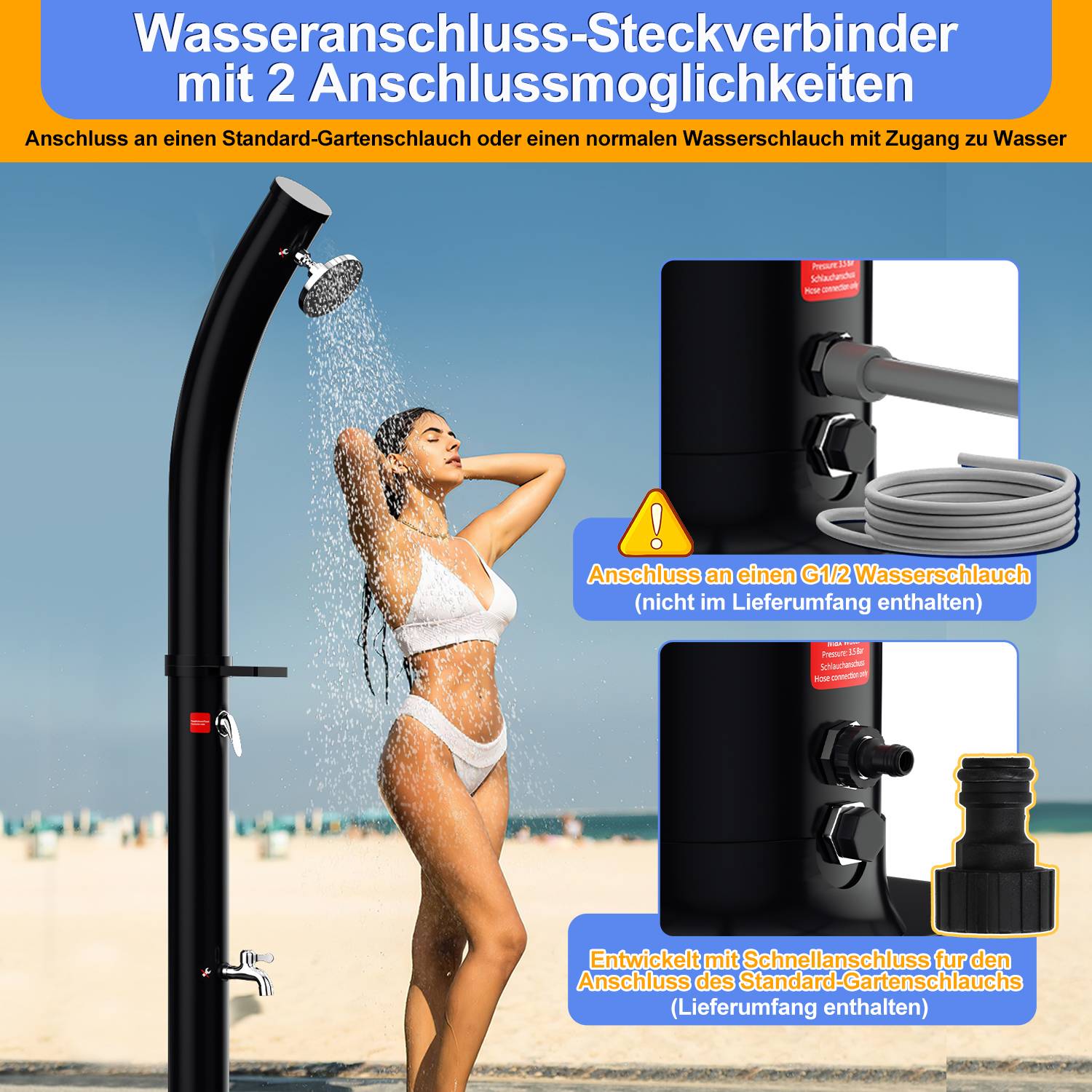 Solardusche 20-60 Liter | schwenkbarem Duschkopf & Fußdusche | Schwarz/Silber | bis 60°C | mit Gartenschlauch