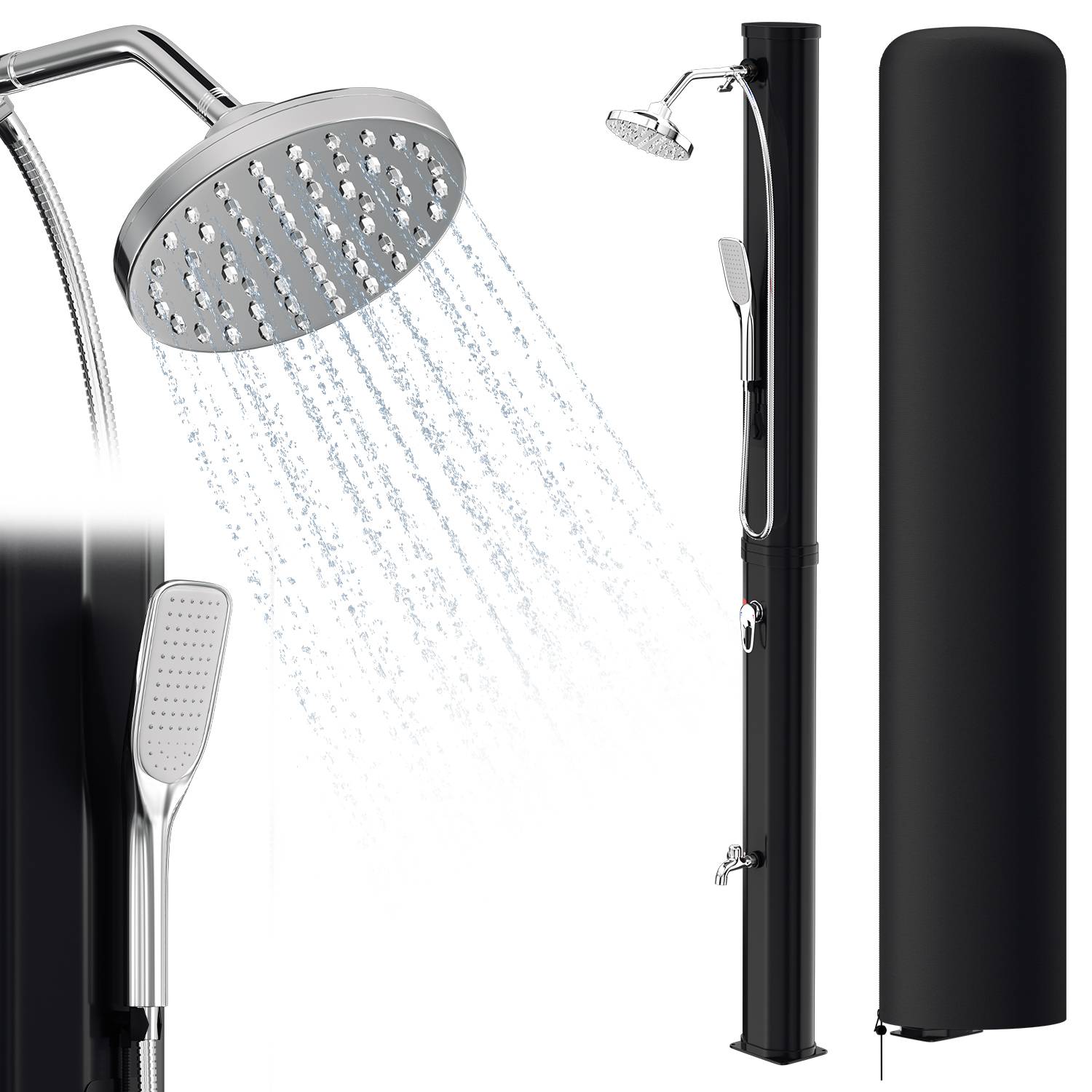 35L Solardusche Gartenduschen mit Handbrause、integriertem Fußdusche runder Duschkopf inkl. Montagematerial & Abdeckhaube Schwarz