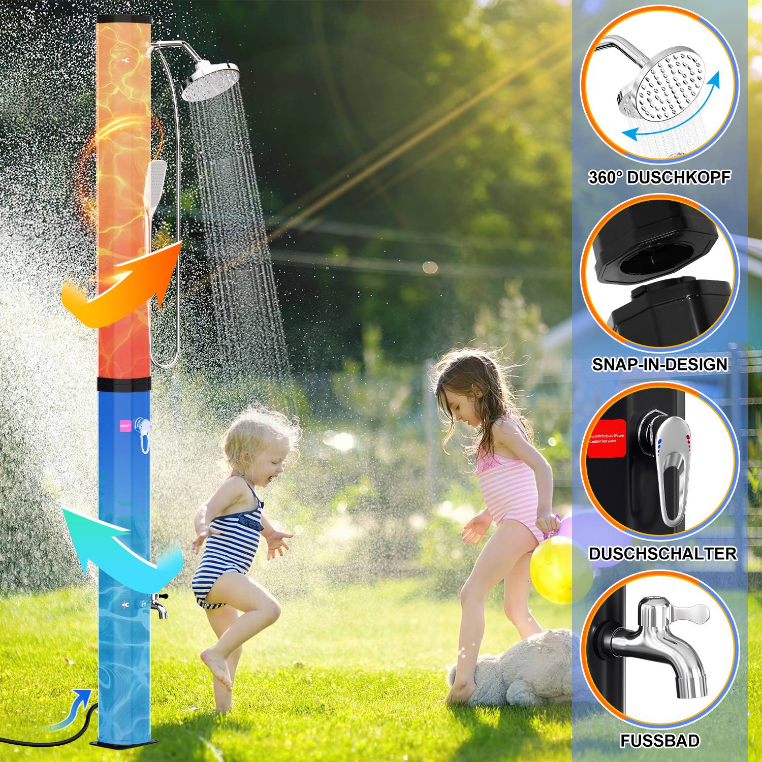 Solardusche 20-60 Liter | schwenkbarem Duschkopf & Fußdusche | Schwarz/Silber | bis 60°C | mit Gartenschlauch