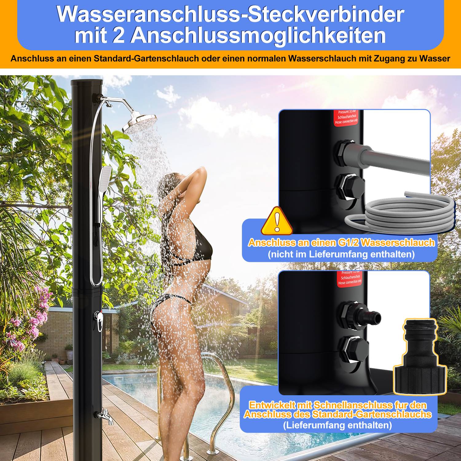 Solardusche 20-60 Liter | schwenkbarem Duschkopf & Fußdusche | Schwarz/Silber | bis 60°C | mit Gartenschlauch