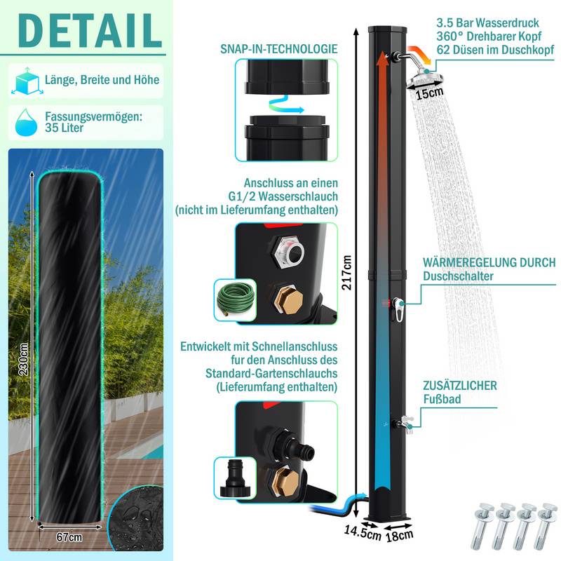 Solardusche 20-60 Liter - bis 60°C – mit schwenkbarem Duschkopf, Fußdusche & Gartenschlauch