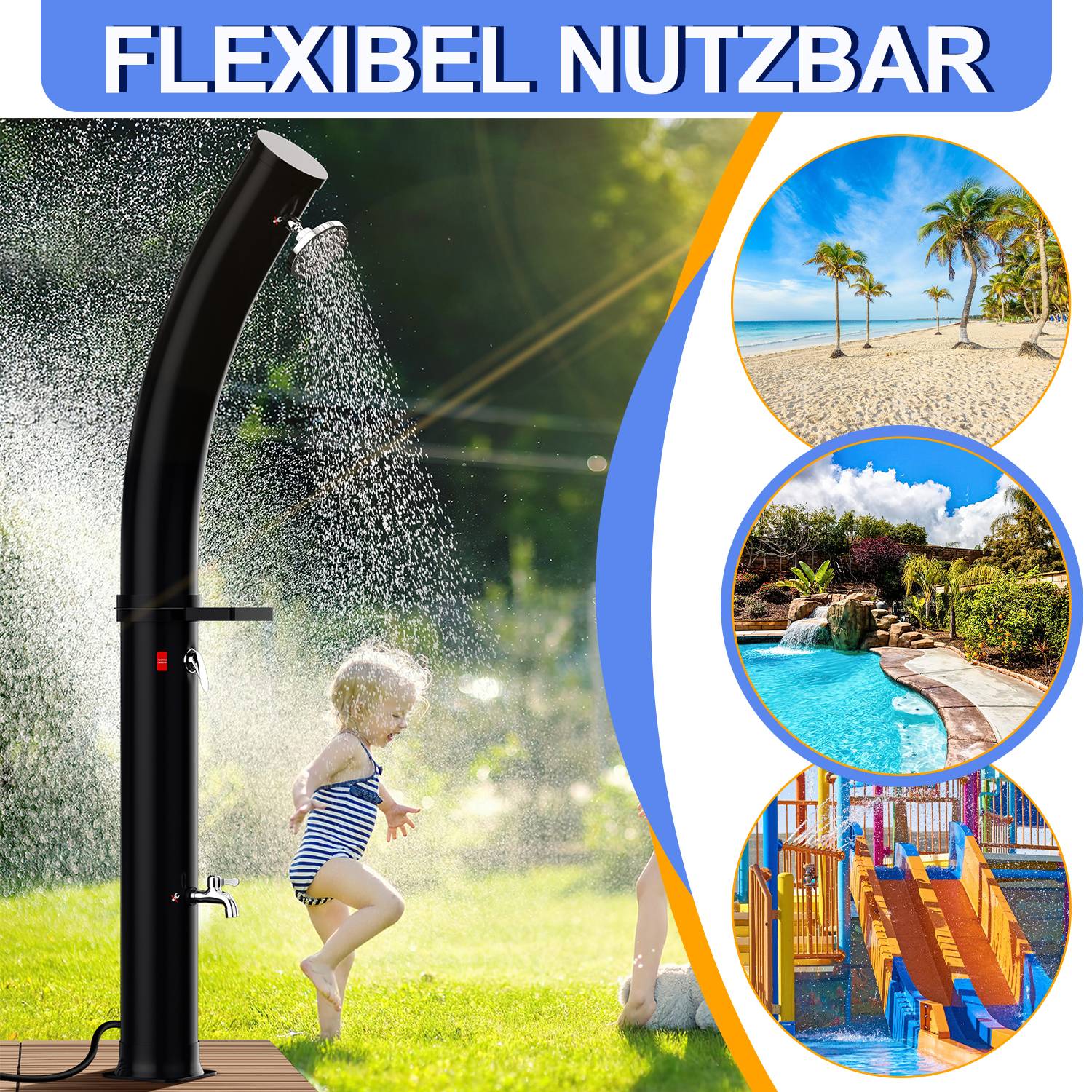 Solardusche 35L mit Regenschutz und Seifenkiste Sommerdusche mit Fußdusche Pooldusche Gartendusche Brause