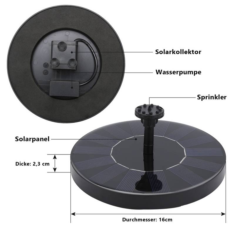 SolarPumpe solar springbrunnen 1.5W 6 verschiedenen Spray Köpfe Teichpumpe Brunnen Wasserpumpe Teichpumpe Fontäne 190L/H