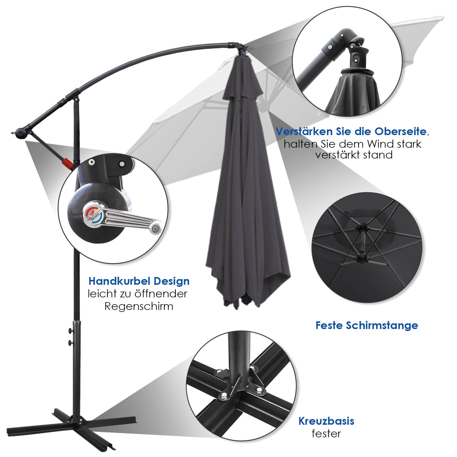 360° drehbare Ampelschirm Ø350cm Sonnenschirm mit Kurbelschirm UV40+ Gartenschirm Marktschirm Grau