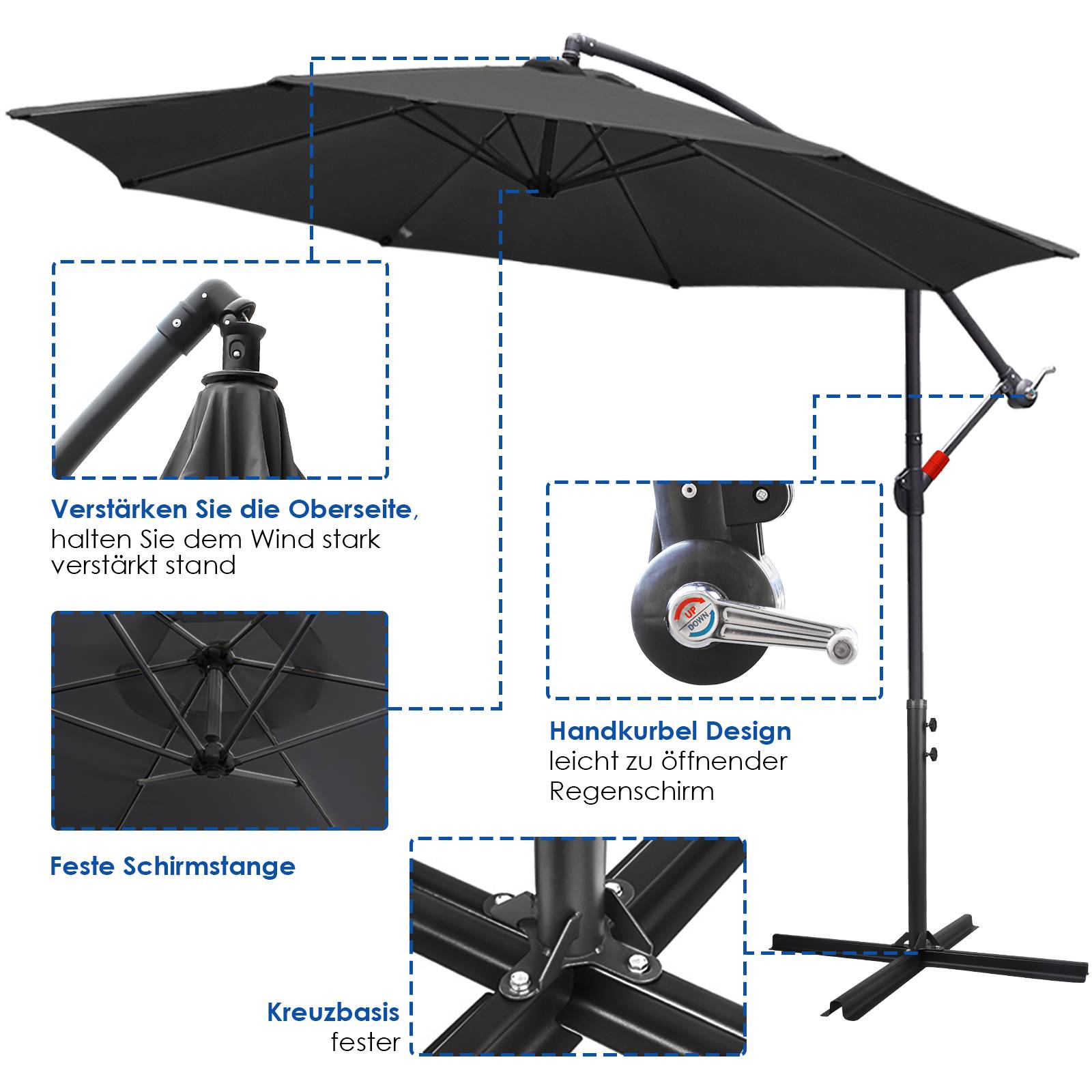 360° drehbare Ampelschirm Ø3.5m Sonnenschirm mit Kurbelschirm UV40+ Gartenschirm Marktschirm Grau