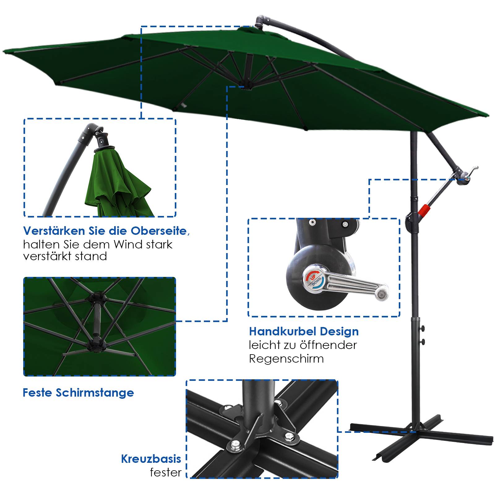 360° drehbare Ampelschirm Grün Sonnenschirm mit Kurbelschirm UV40+ Gartenschirm Marktschirm Ø350cm