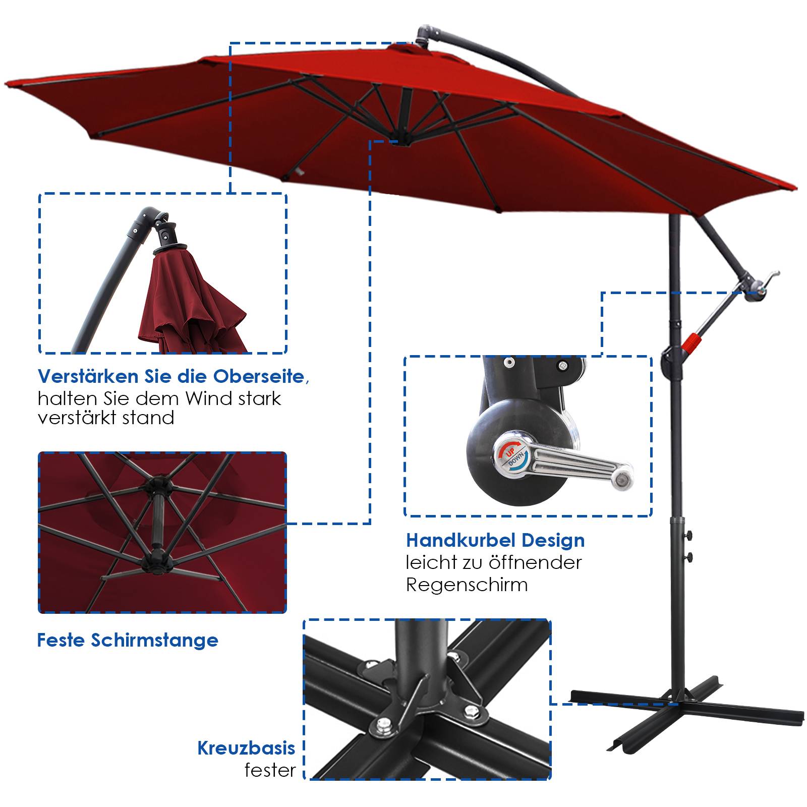 Sonnenschirm 360° drehbare Ampelschirm Ø300cm UV-Schutz Kurbelschirm UV50+ Gartenschirm Marktschirm Rot