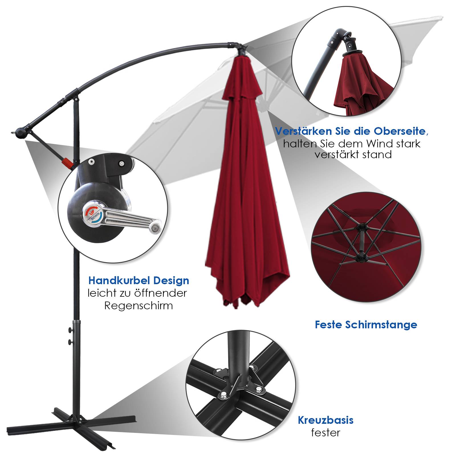 Sonnenschirm 360° drehbare Ampelschirm Ø300cm UV-Schutz Kurbelschirm UV50+ Gartenschirm Marktschirm Rot