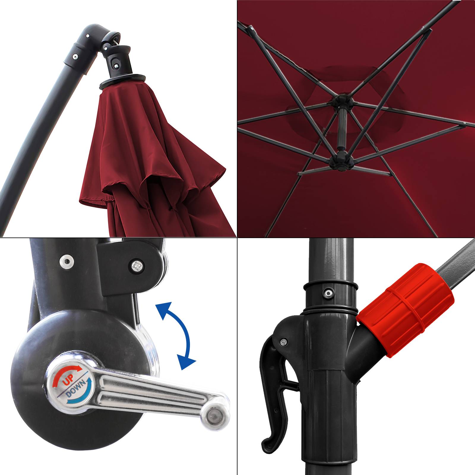 Sonnenschirm 360° drehbare Ampelschirm Ø350cm UV-Schutz Kurbelschirm UV50+ Gartenschirm Marktschirm Rot