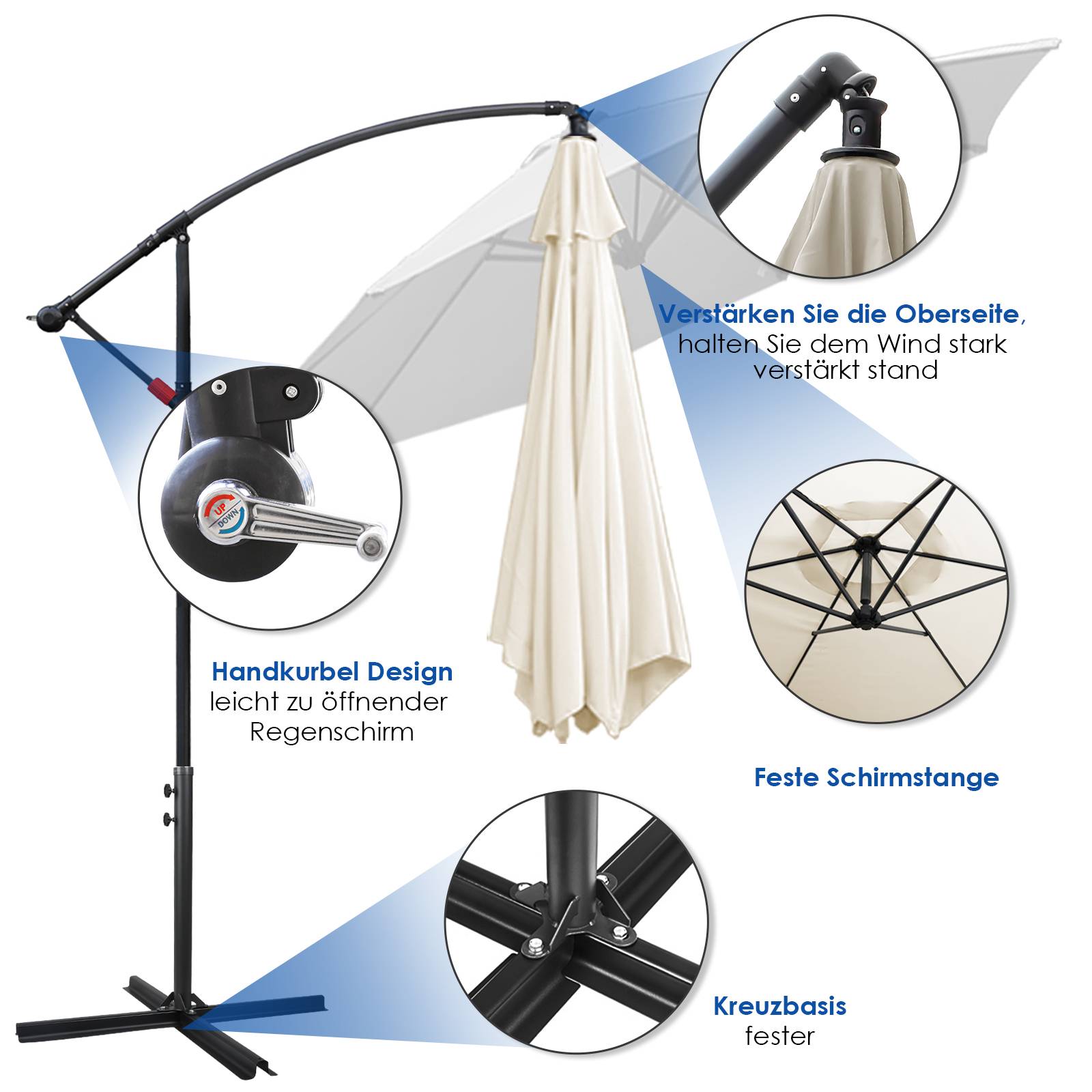 360° drehbare Ampelschirm Ø350cm Sonnenschirm mit Kurbelschirm UV40+ Gartenschirm Marktschirm Beige