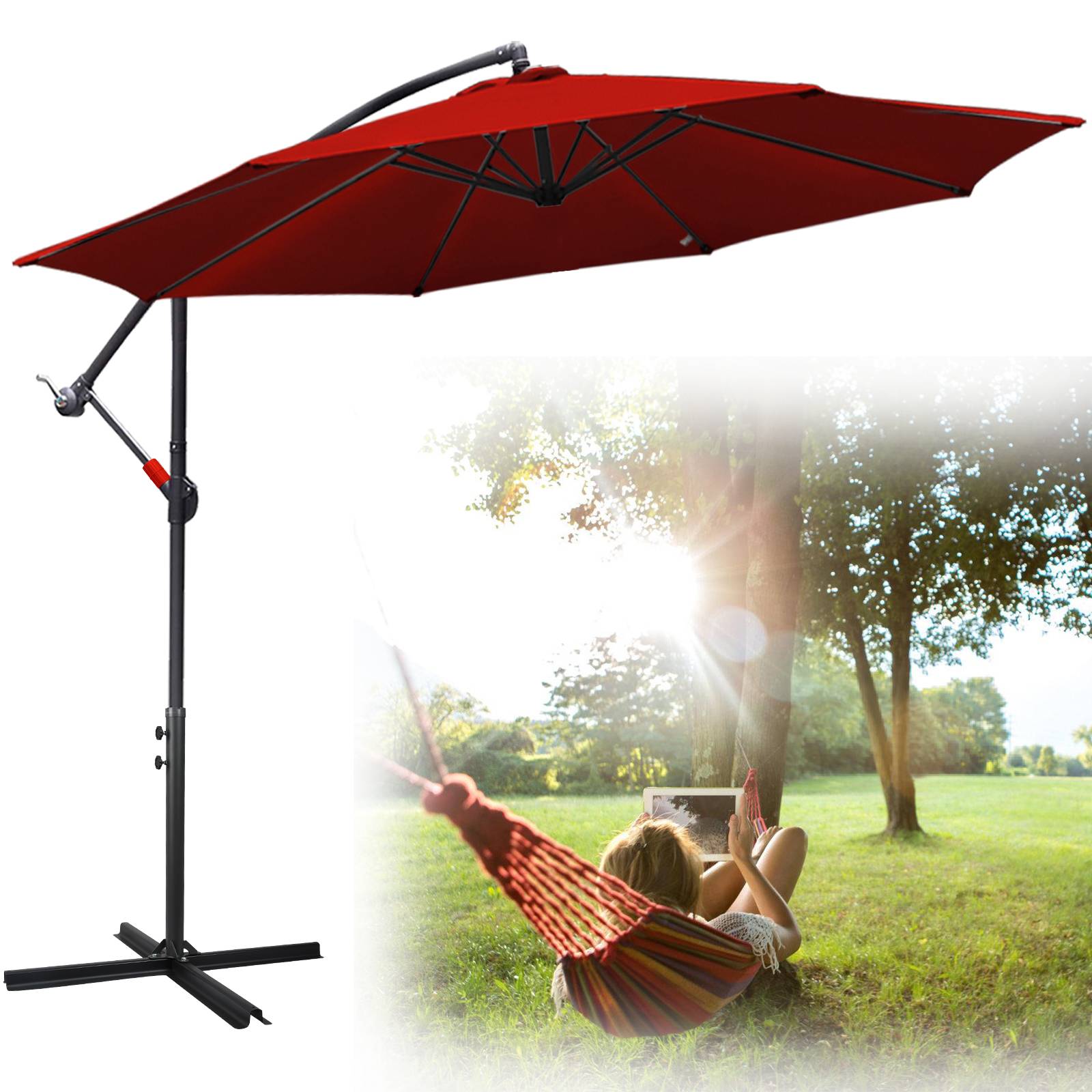 Sonnenschirm 360° drehbare Ampelschirm Ø350cm UV-Schutz Kurbelschirm UV50+ Gartenschirm Marktschirm Rot