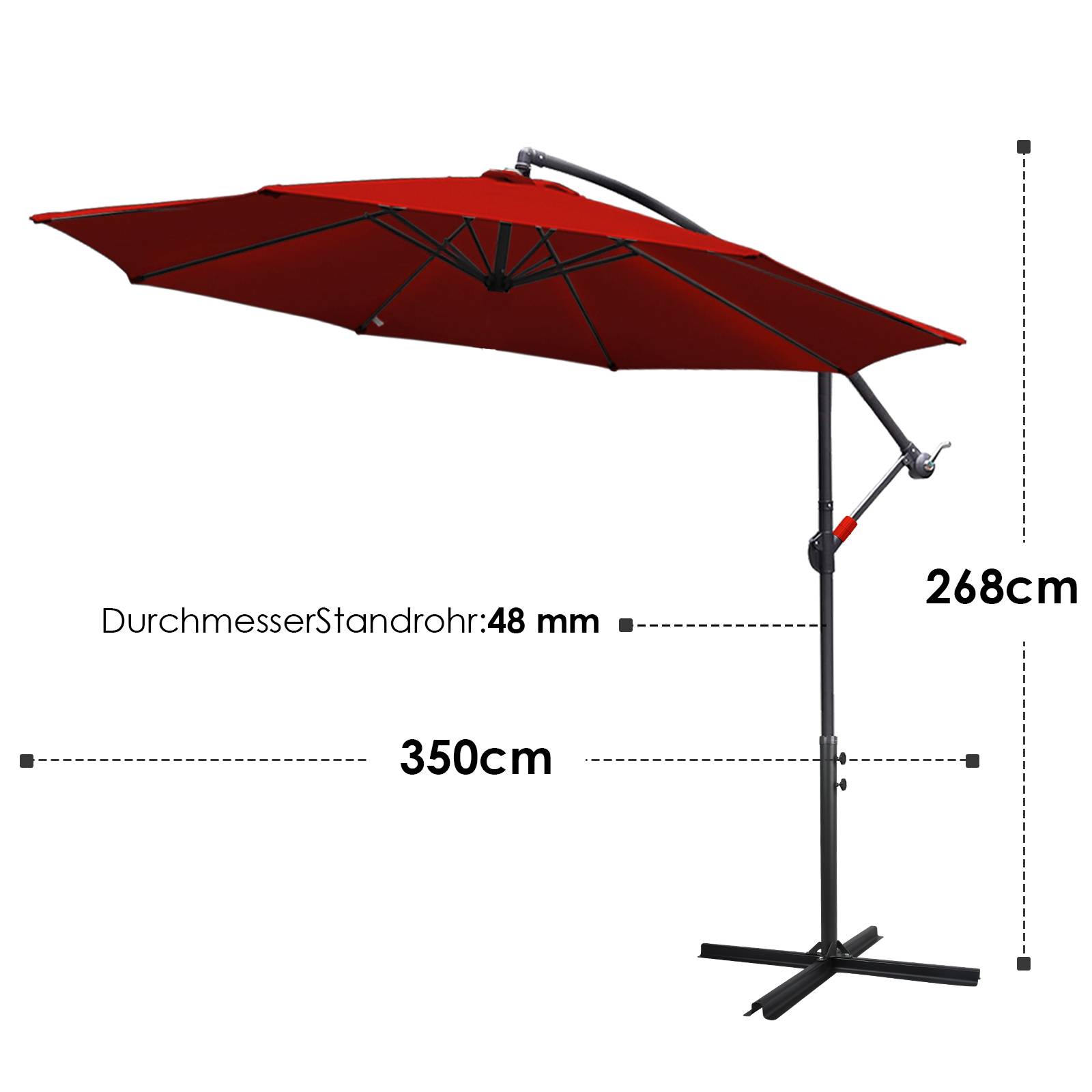 Sonnenschirm 360° drehbare Ampelschirm Ø350cm UV-Schutz Kurbelschirm UV50+ Gartenschirm Marktschirm Rot