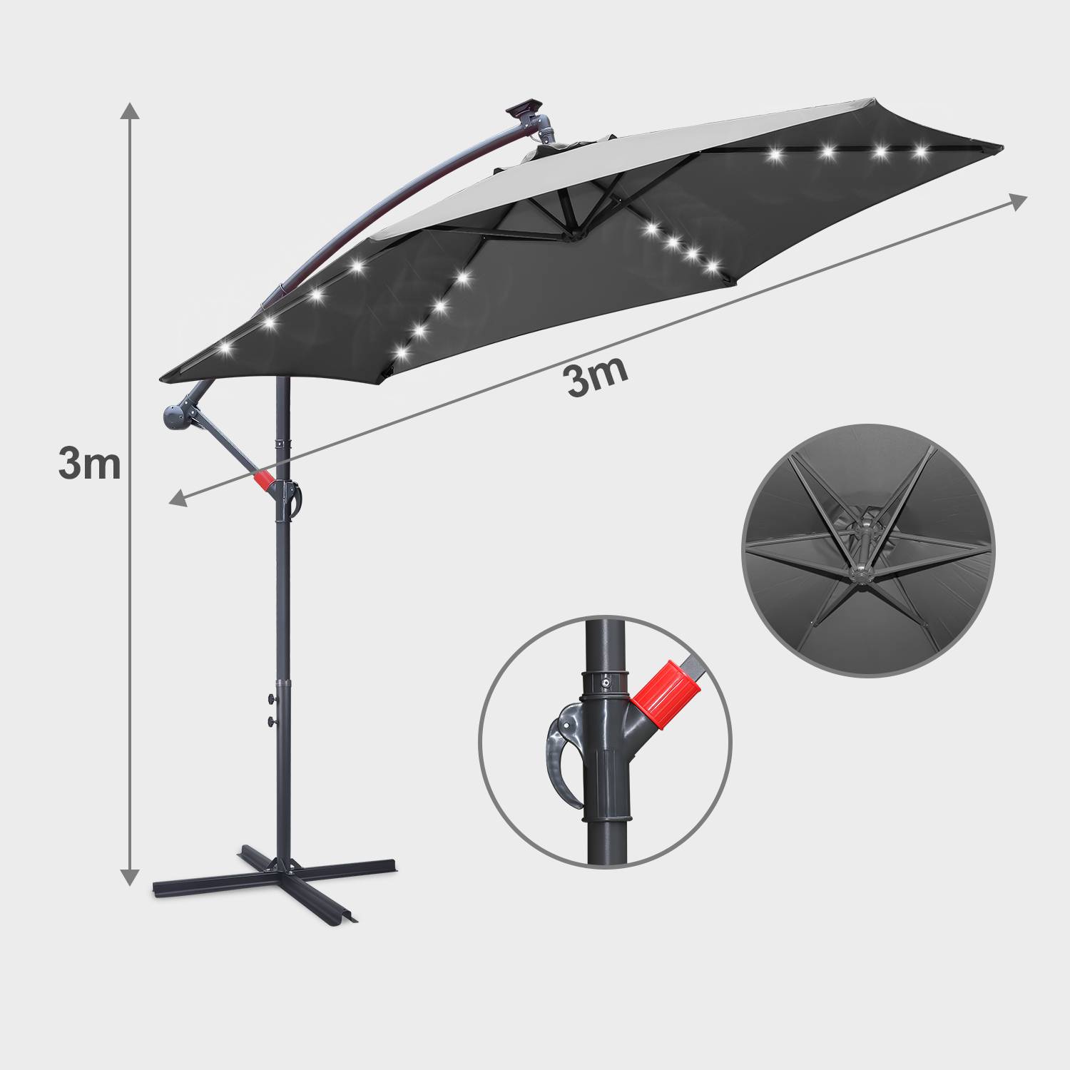 Sonnenschirm mit LED Beleuchtung Ø300cm Ampelschirm 360° drehbare Garten Schirm Pavillon Grau