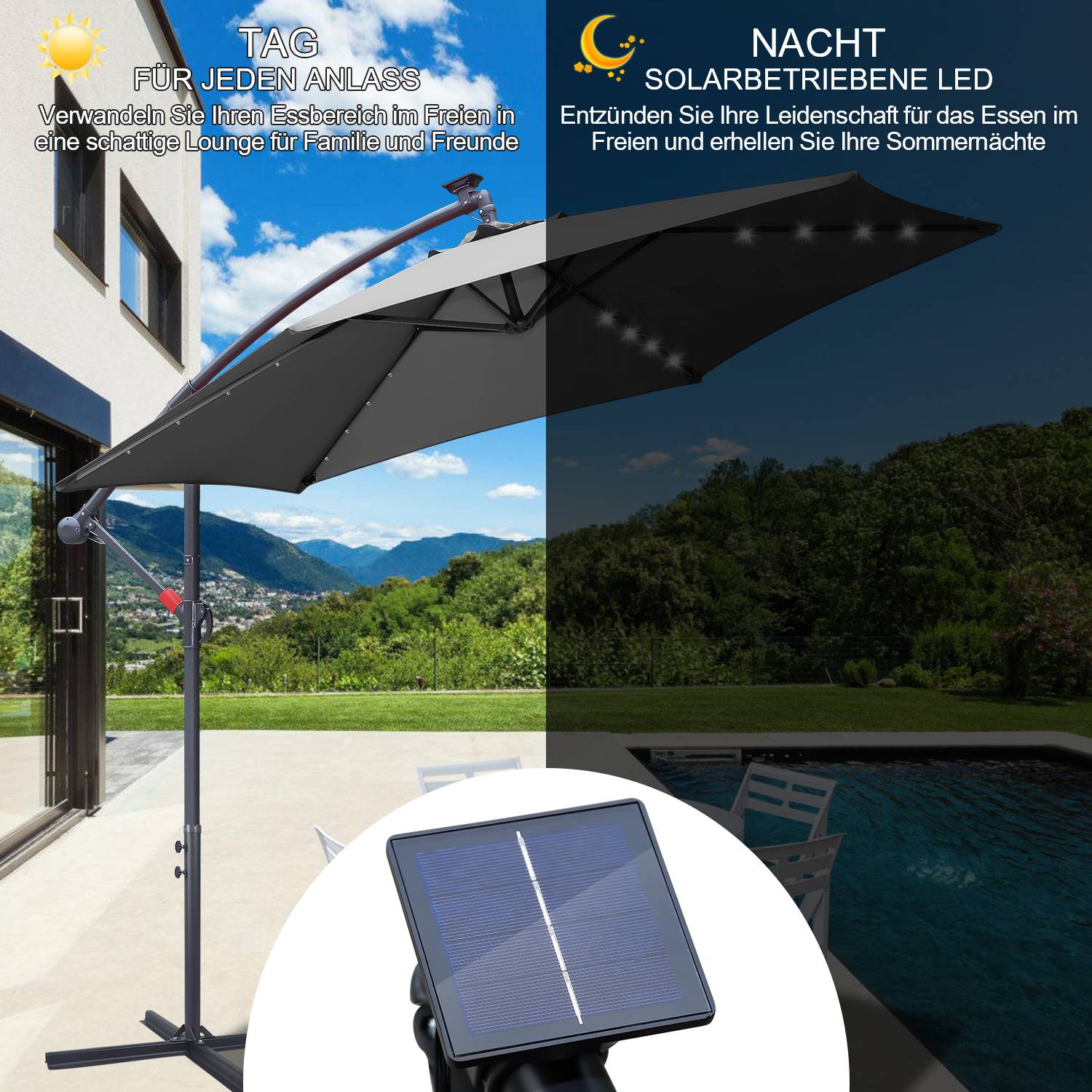 Sonnenschirm mit LED Beleuchtung Ø350cm Ampelschirm 360° drehbare Garten Schirm Pavillon Grau