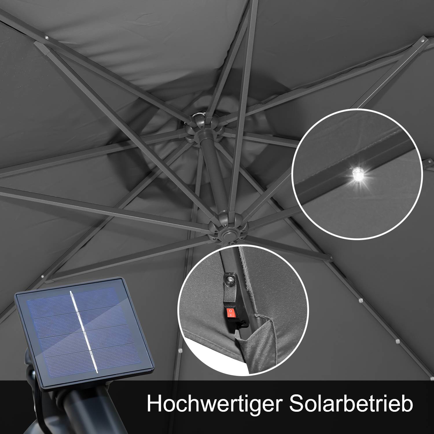 Sonnenschirm mit LED Beleuchtung Ø350cm Ampelschirm 360° drehbare Garten Schirm Pavillon Grau