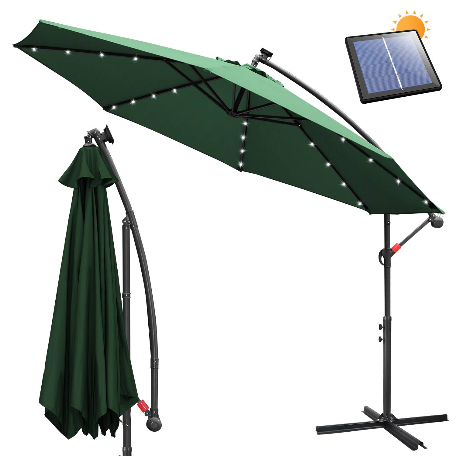 Sonnenschirm mit LED Beleuchtung Ø300cm Ampelschirm 360° drehbare Garten Schirm Pavillon Grün
