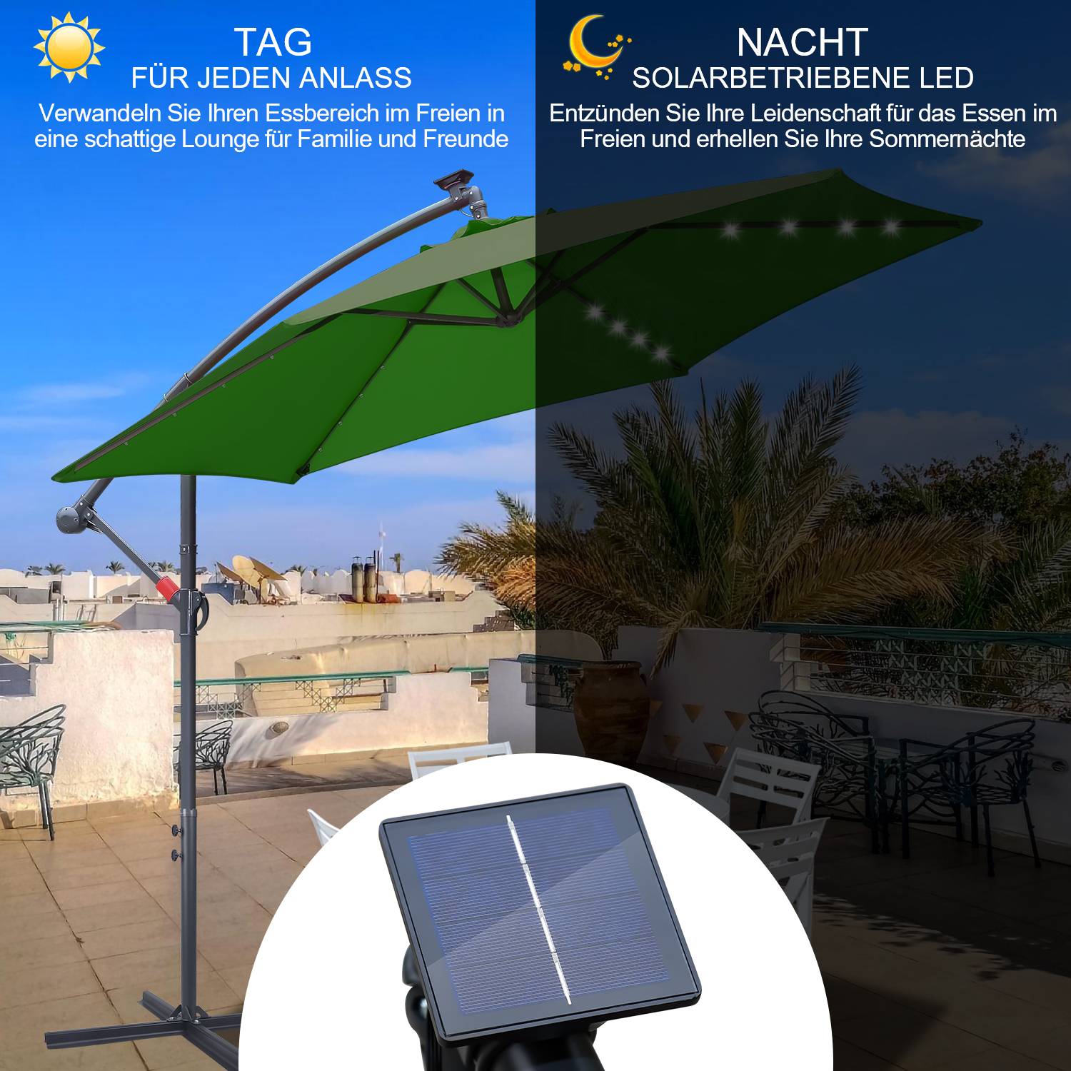 Sonnenschirm mit LED Beleuchtung Ø300cm Ampelschirm 360° drehbare Garten Schirm Pavillon Grün