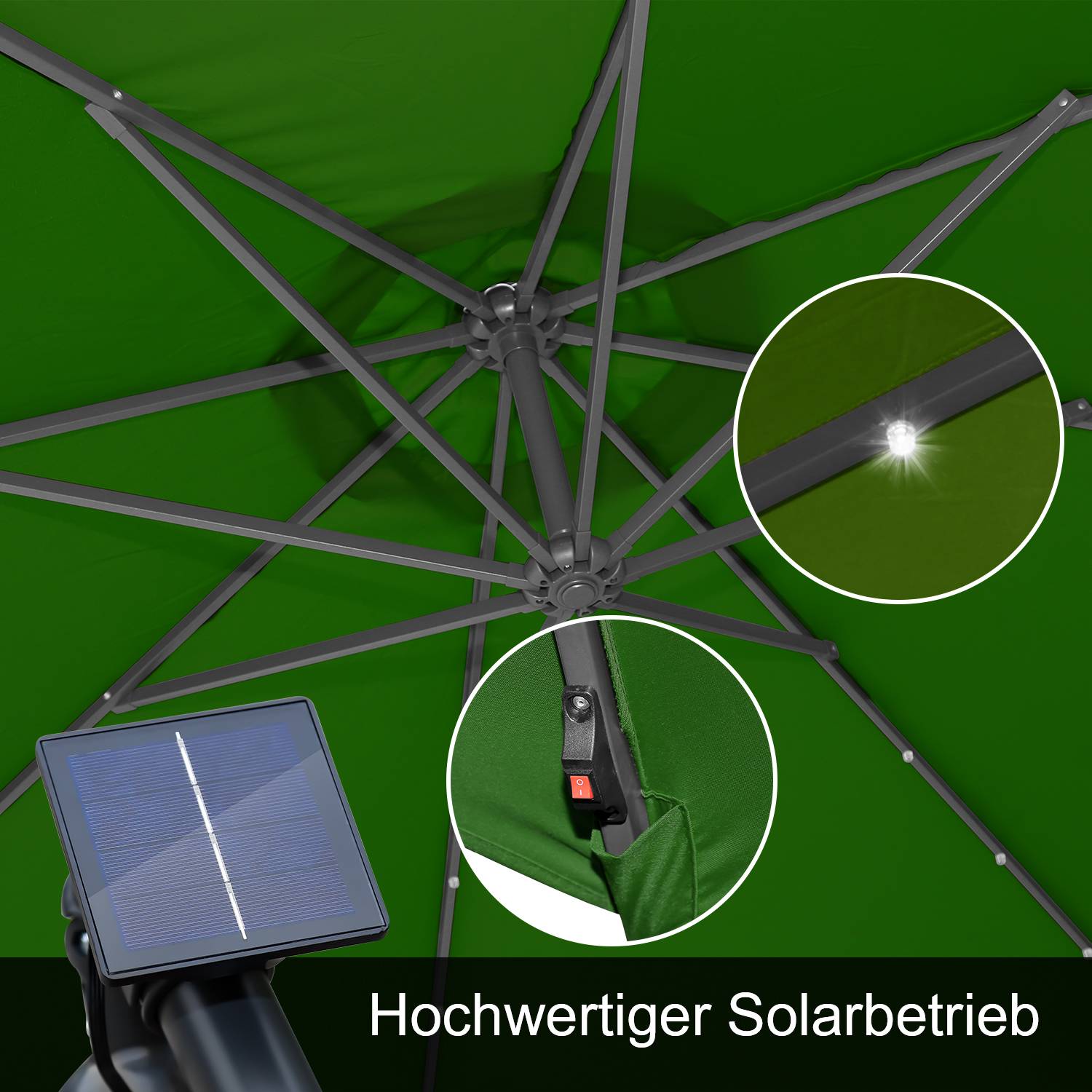 Sonnenschirm mit LED Beleuchtung Ø300cm Ampelschirm 360° drehbare Garten Schirm Pavillon Grün
