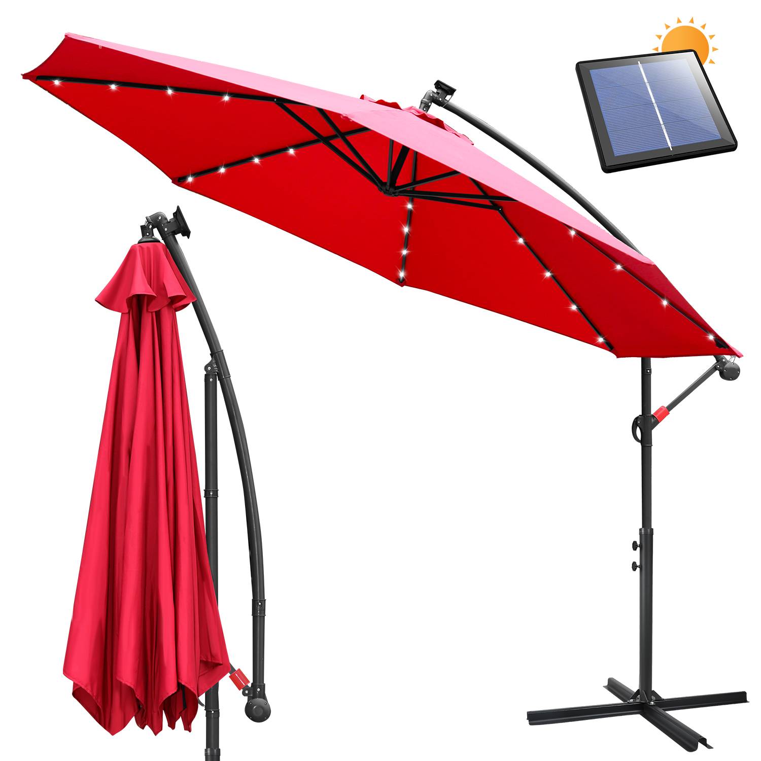 Sonnenschirm mit LED Beleuchtung Ø300cm Ampelschirm 360° drehbare Garten Schirm Pavillon Rot
