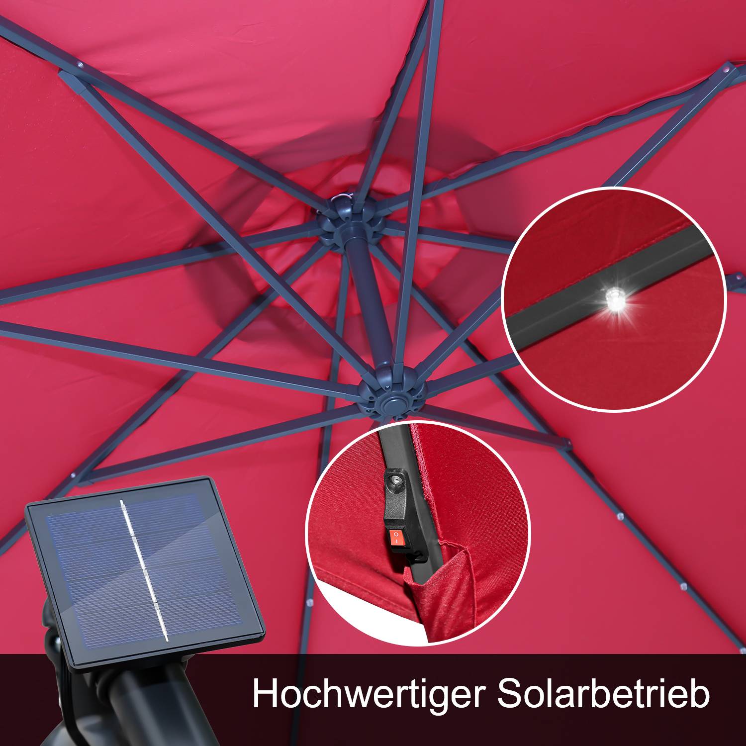Sonnenschirm mit LED Beleuchtung Ø300cm Ampelschirm 360° drehbare Garten Schirm Pavillon Rot