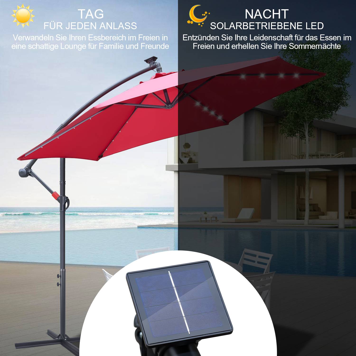 Sonnenschirm mit LED Beleuchtung Ø300cm Ampelschirm 360° drehbare Garten Schirm Pavillon Rot