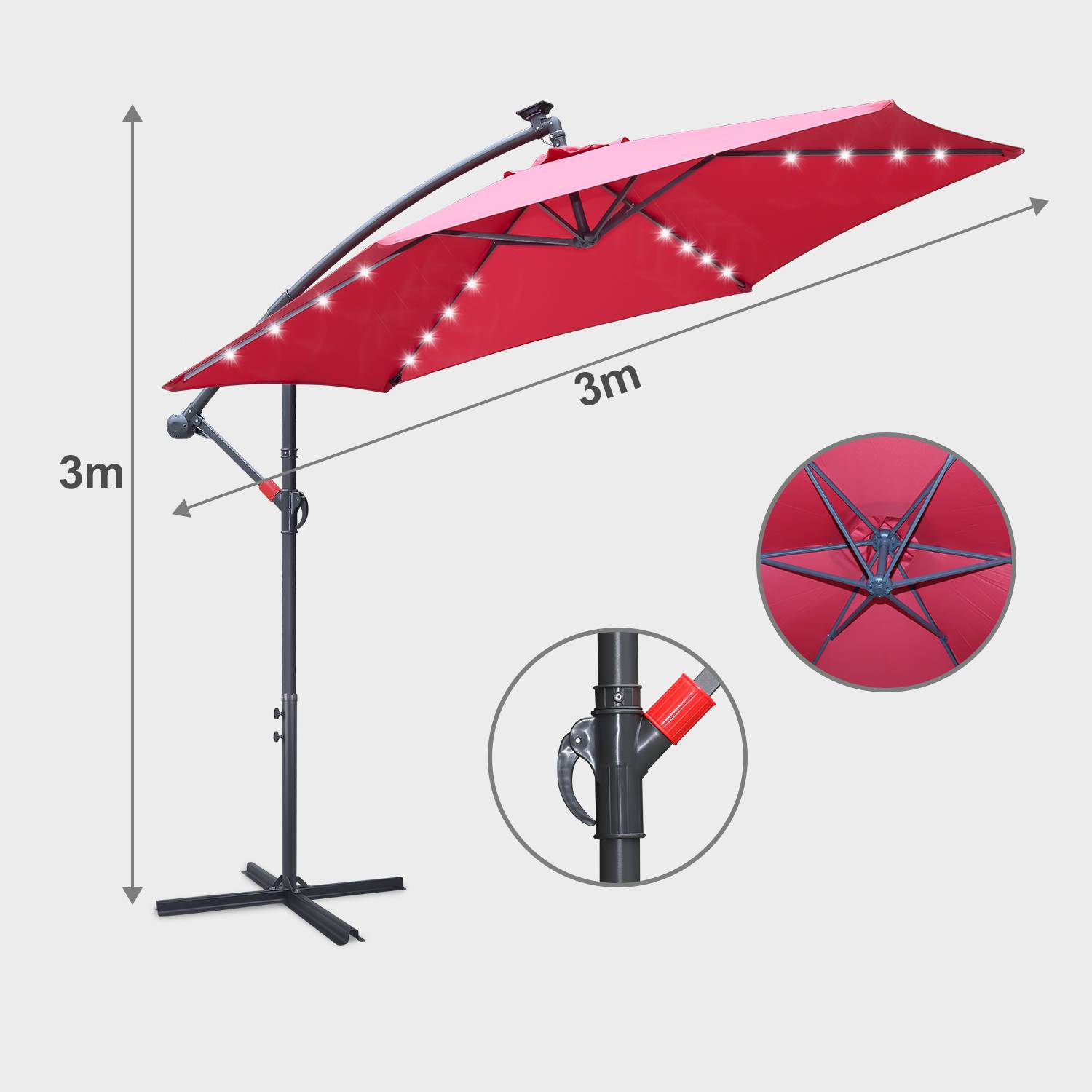 Sonnenschirm mit LED Beleuchtung Ø300cm Ampelschirm 360° drehbare Garten Schirm Pavillon Rot