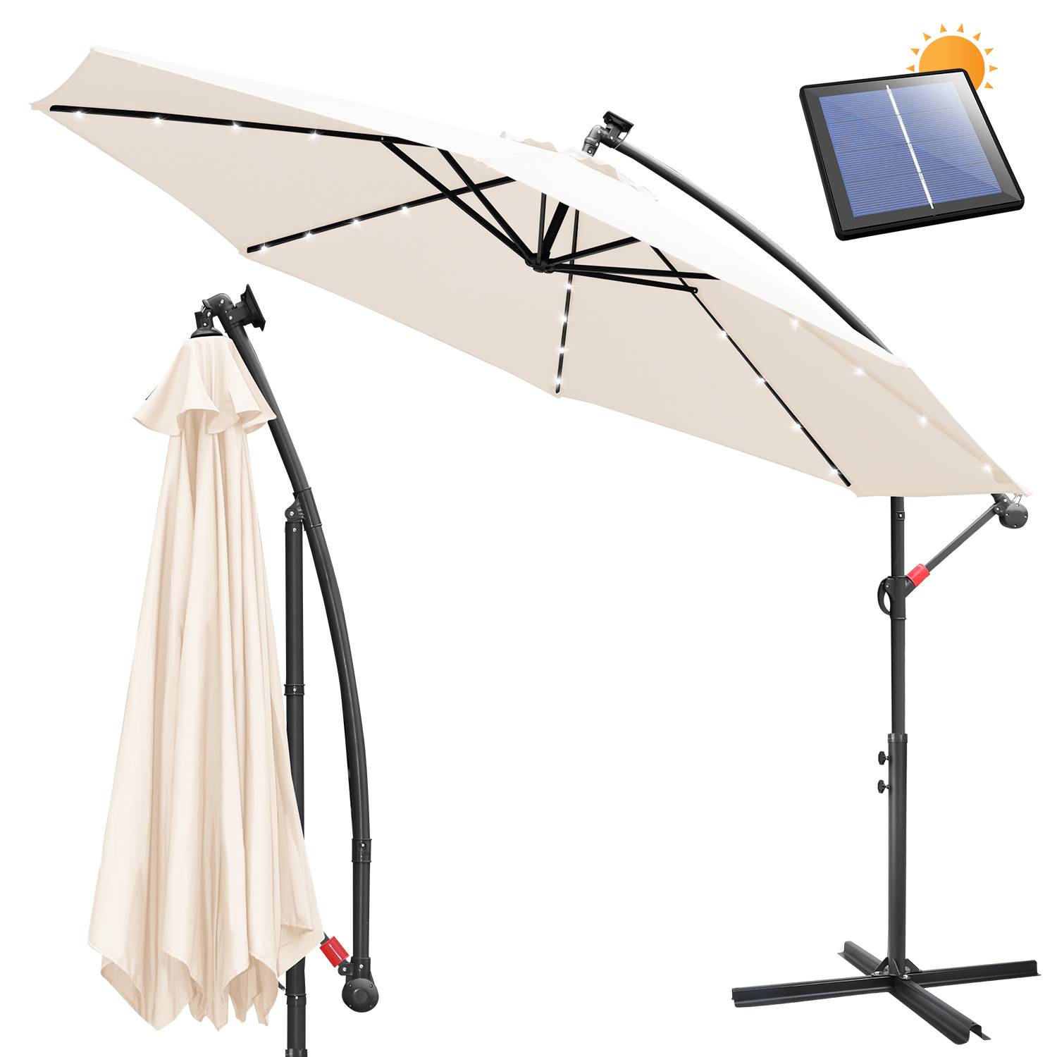 Sonnenschirm mit LED Beleuchtung Ø300cm Ampelschirm 360° drehbare Garten Schirm Pavillon Beige