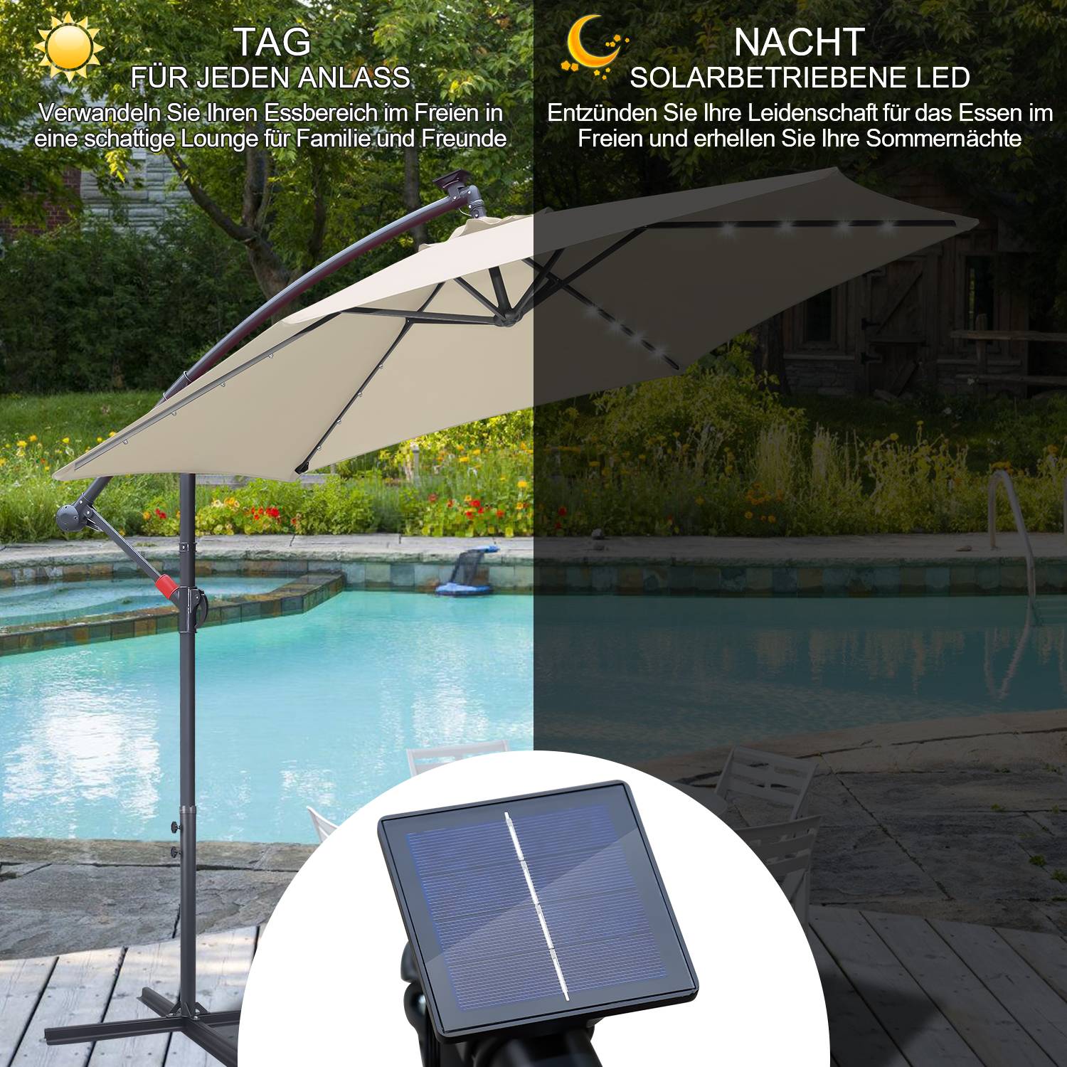 Sonnenschirm mit LED Beleuchtung Ø300cm Ampelschirm 360° drehbare Garten Schirm Pavillon Beige