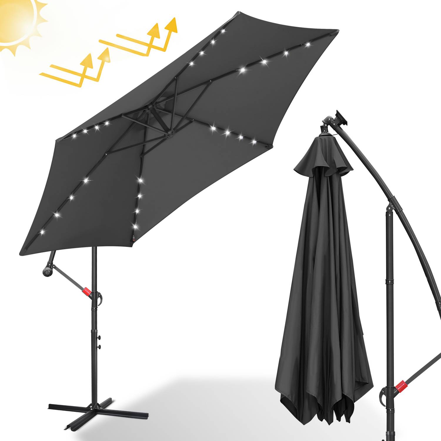 Sonnenschirm Ampelschirm 300 cm mit LED, UV-Schutz, Kurbel -Grau