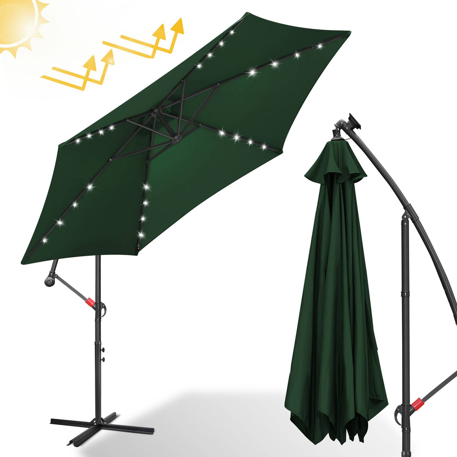 Sonnenschirm Ampelschirm 350 cm mit LED, UV-Schutz, Kurbel -Grün