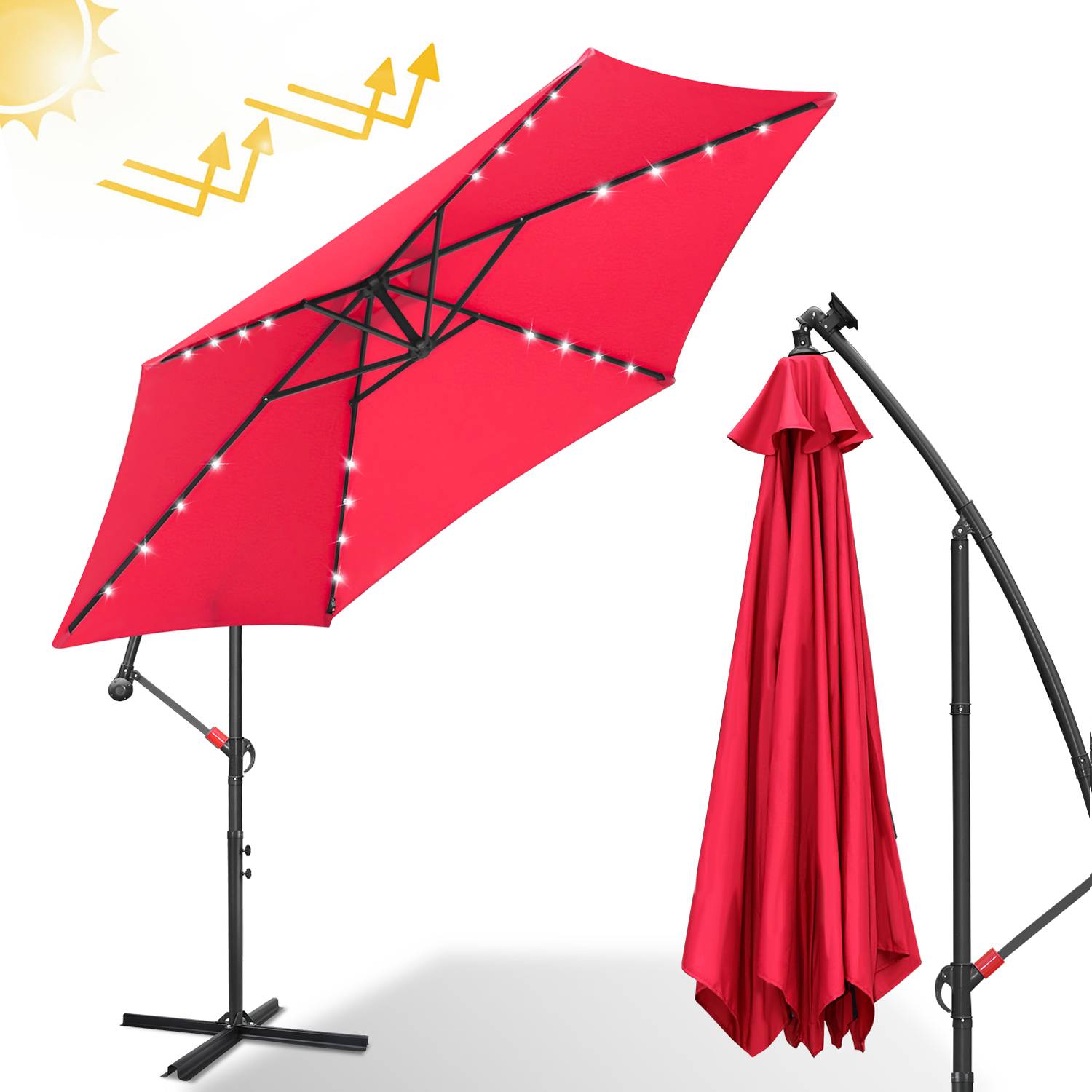 Sonnenschirm Ampelschirm 300 cm mit LED, UV-Schutz, Kurbel -Rot