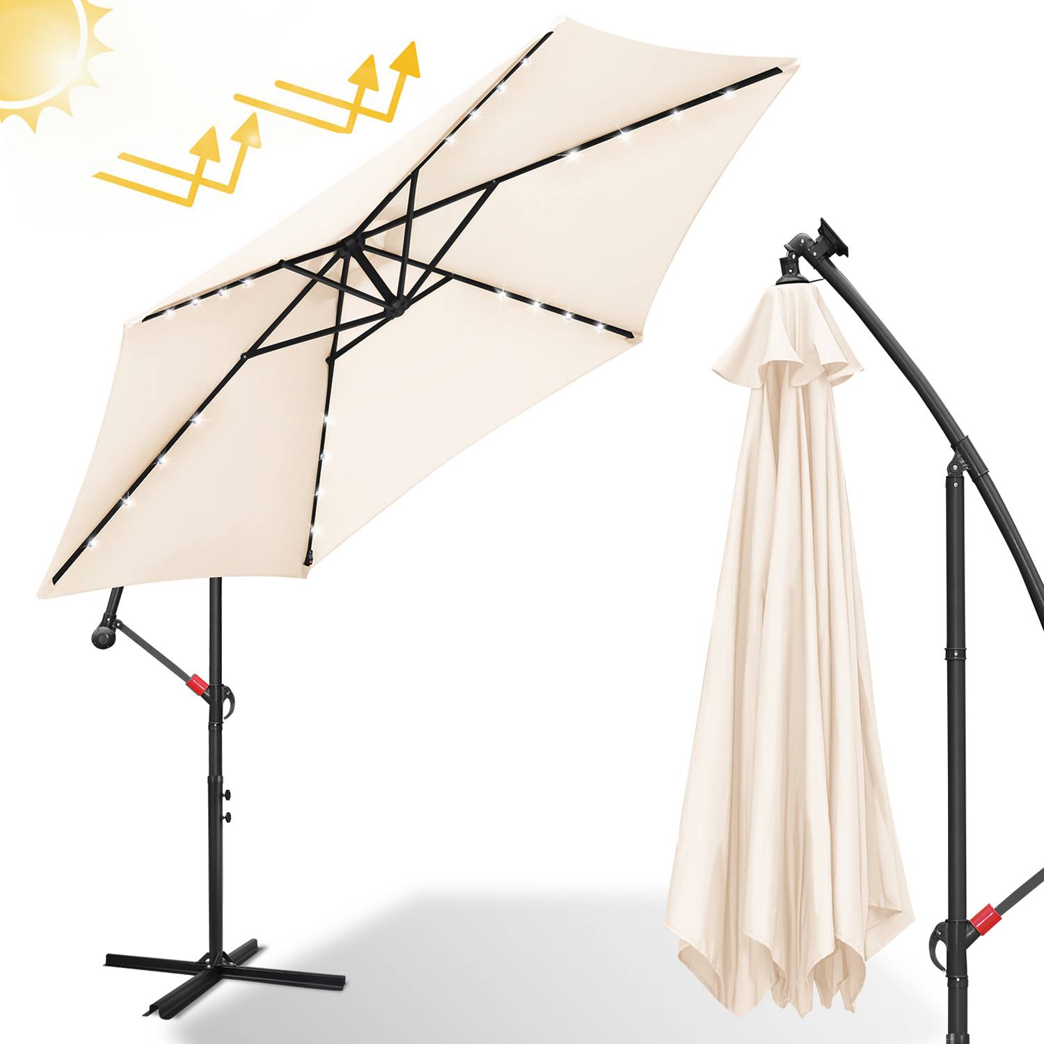 Sonnenschirm mit LED Beleuchtung Ø350cm Ampelschirm 360° drehbare Garten Schirm Pavillon Beige