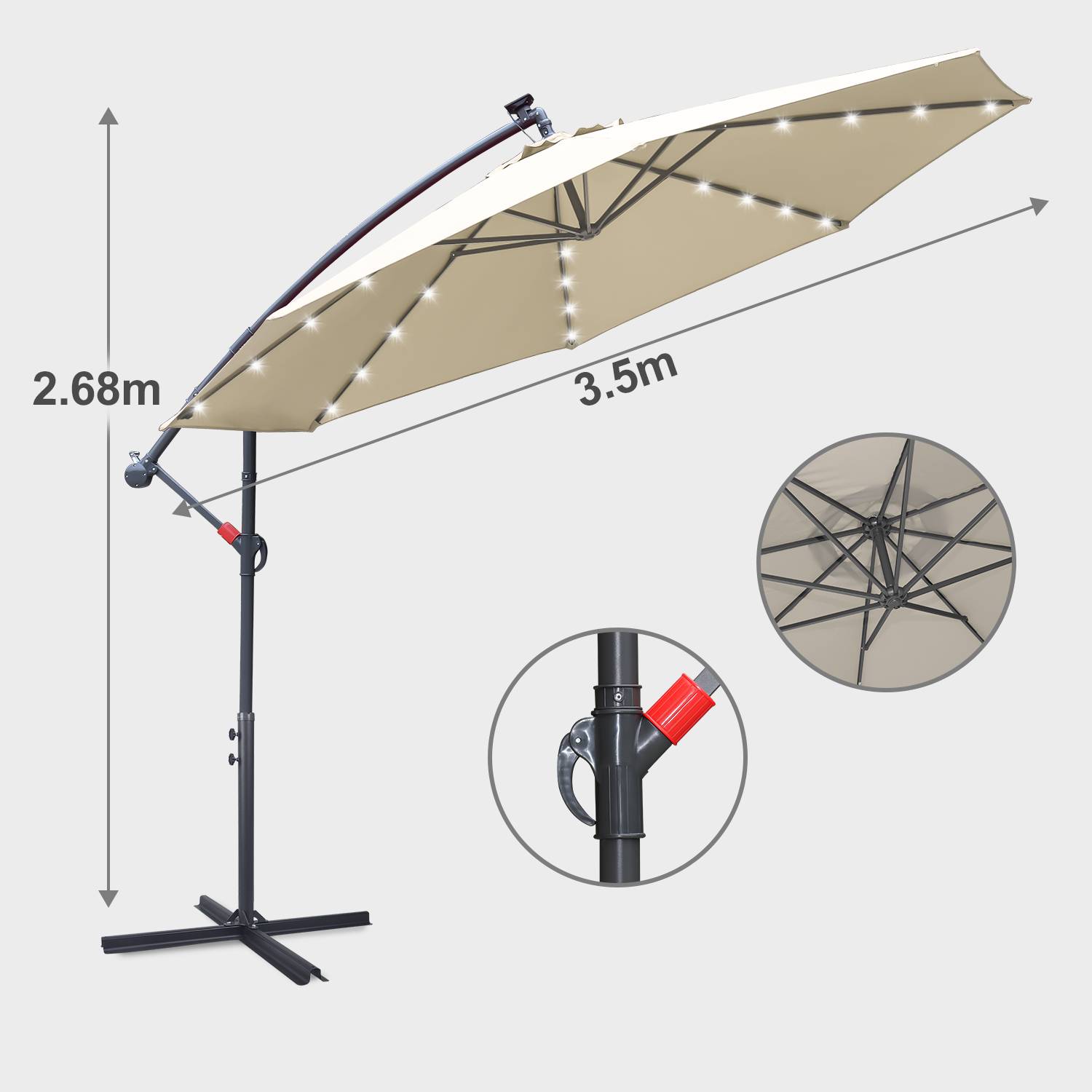 Sonnenschirm mit LED Beleuchtung Ø350cm Ampelschirm 360° drehbare Garten Schirm Pavillon Beige