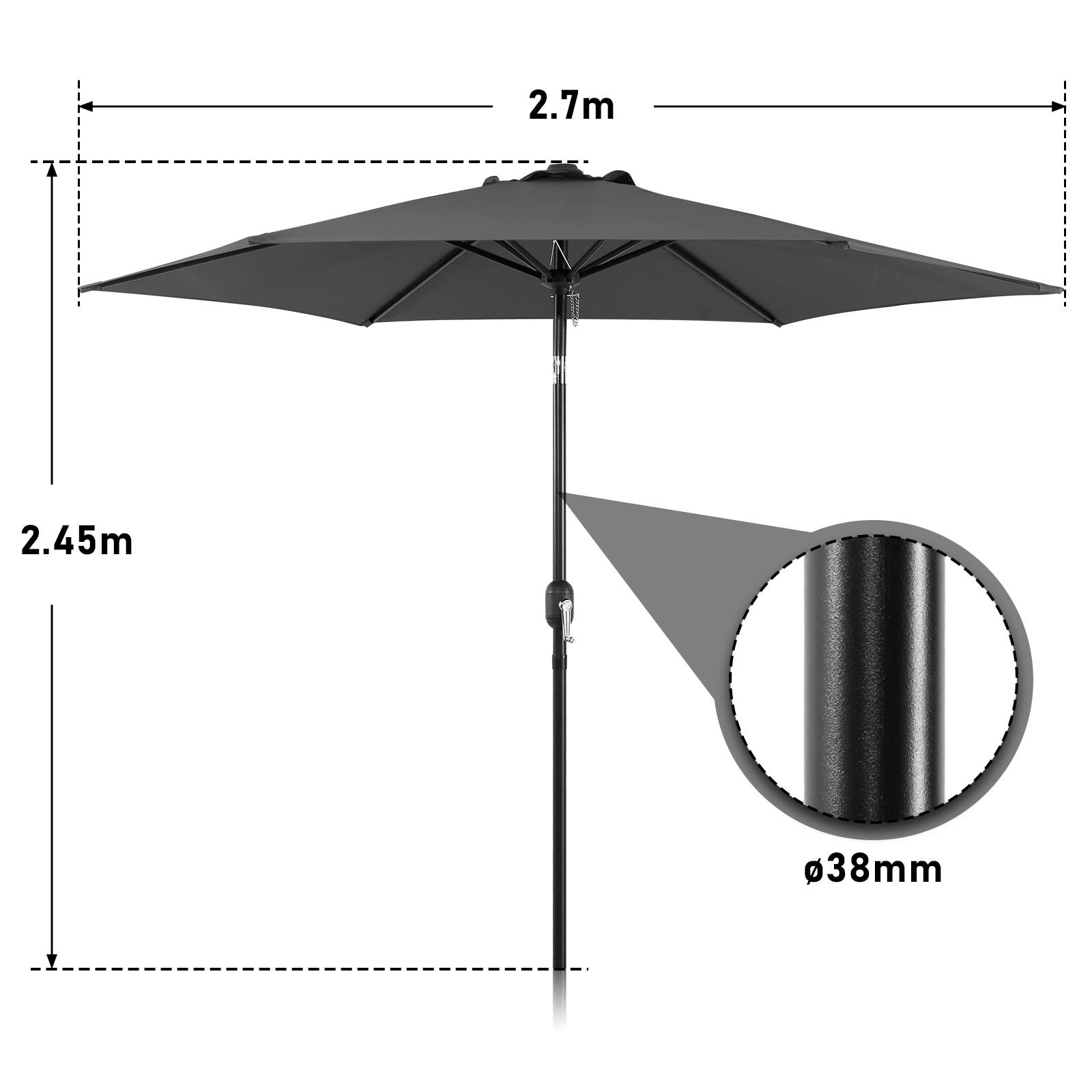 Sonnenschirm Ampelschirm 270 cm mit LED Solar, um 30° knickbar, UV-Schutz, Kurbel - Grau - Gartenschirm Marktschirm Kurbelschirm