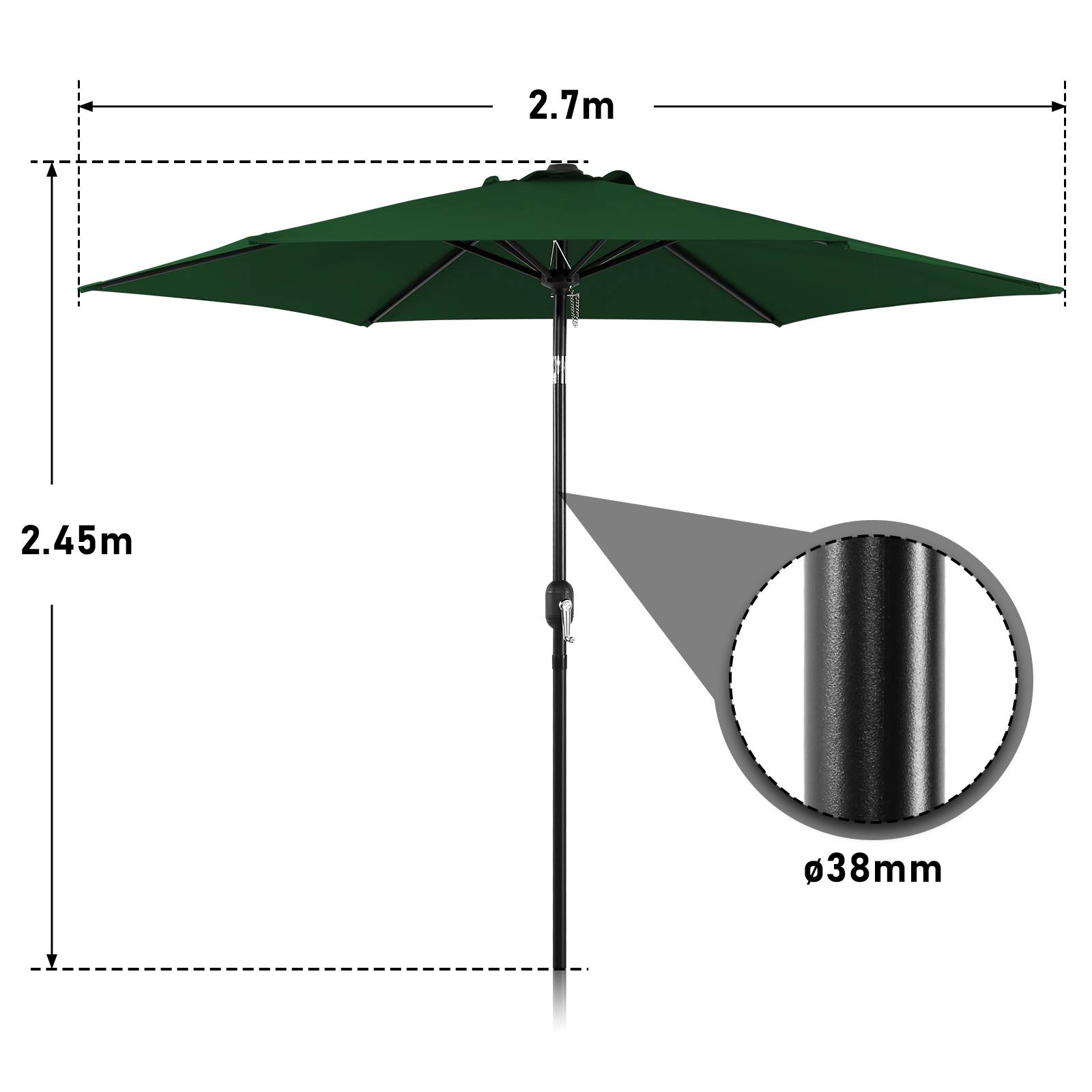 Sonnenschirm Balkon 270cm UV Schutz 40+ Strandschirm Neigbar Wasserabweisend Aluminium Windöffnung Gartenschirm, Grün