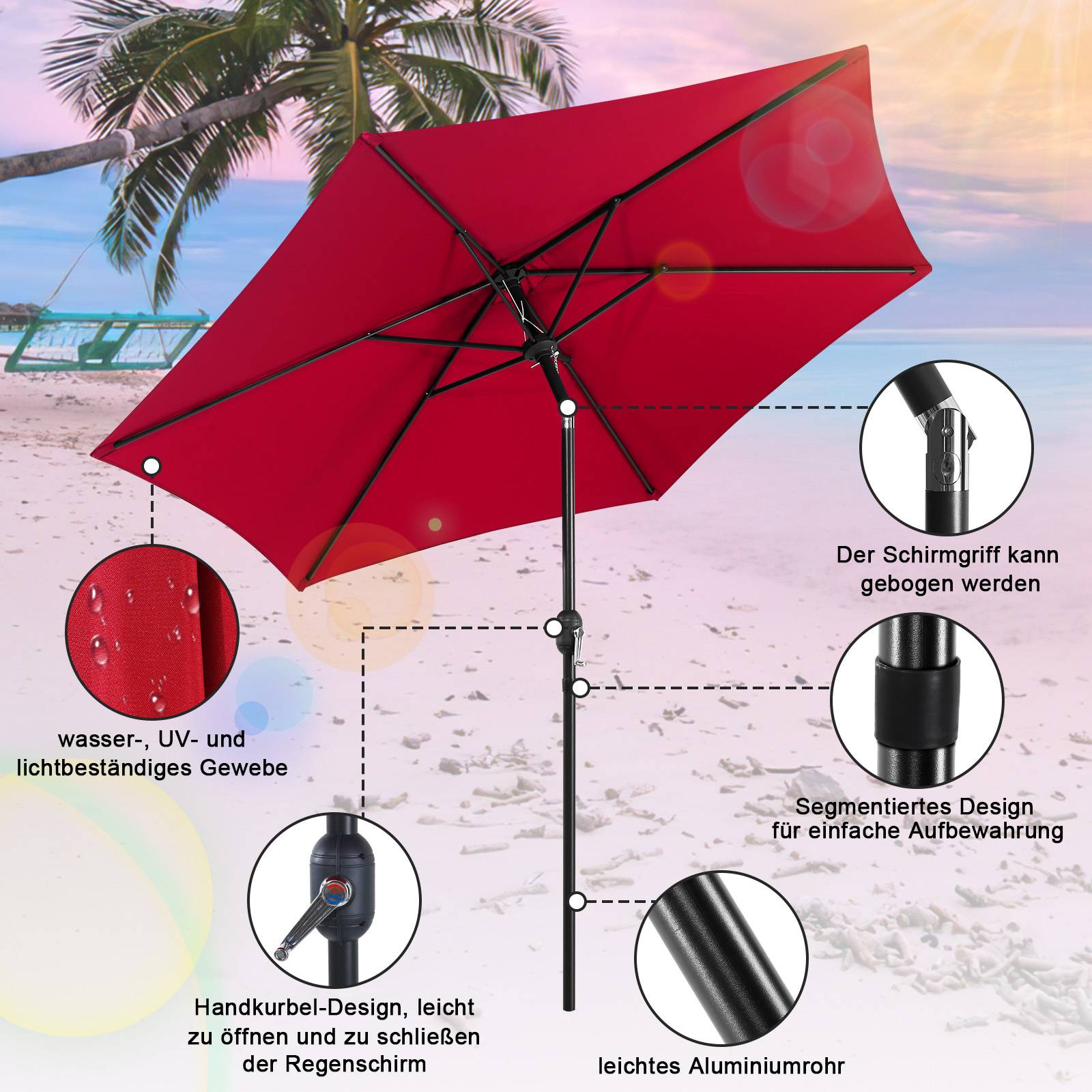 Sonnenschirm Ø2.7m inkl. LED Gartenschirm 360° drehbar Terrassenschirm Ampelschirm Marktschirm Strandschirm - mit LED - Rot