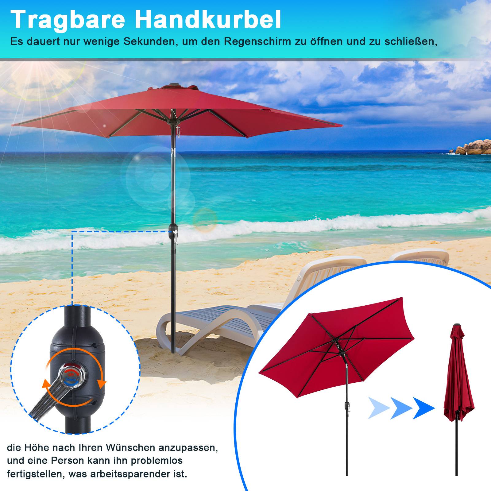 Sonnenschirm Balkon 270cm UV Schutz 40+ Strandschirm Neigbar Wasserabweisend Aluminium Windöffnung Gartenschirm, Rot