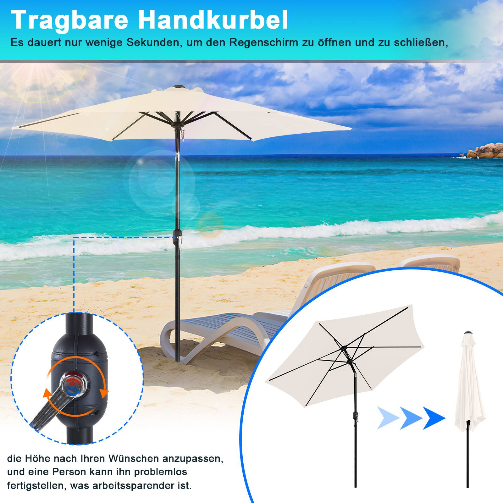 Sonnenschirm Rund,Kurbel Knickbar Eisen Balkonschirm Marktschirm,neigbar,270cm,Beige