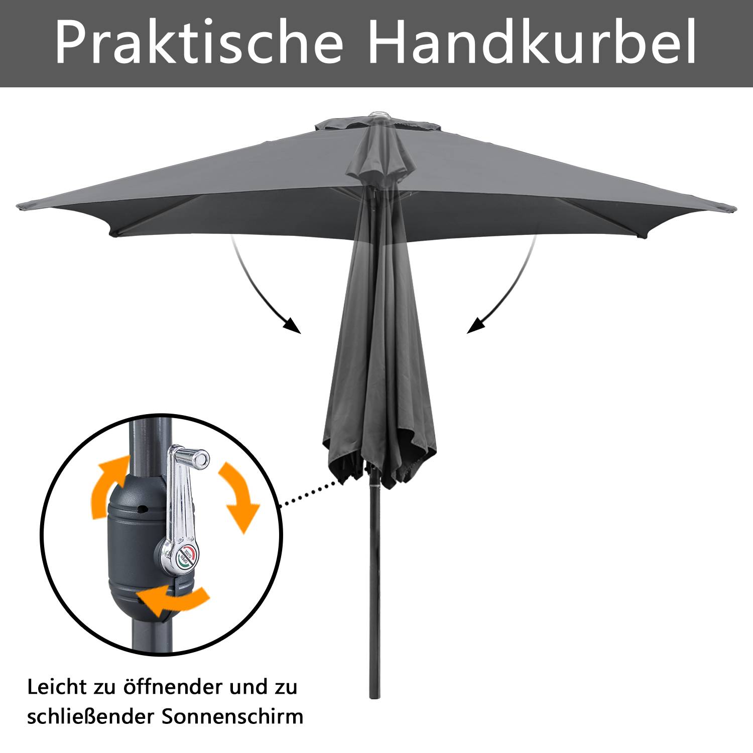 Sonnenschirm Ampelschirm 350 cm mit UV-Schutz, Kurbel- Grau Gartenschirm Marktschirm Strandschirm