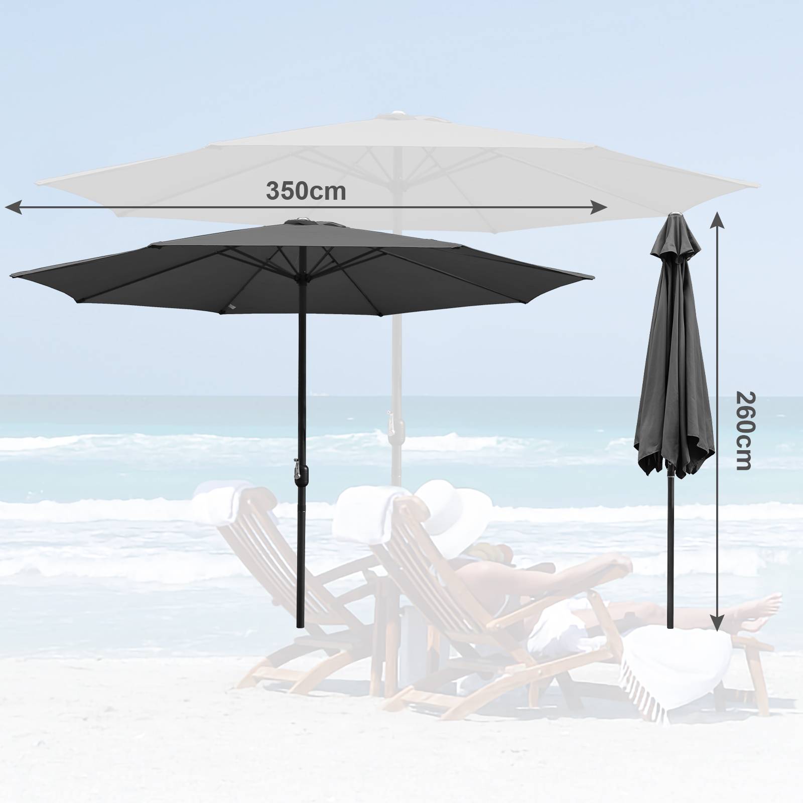 Sonnenschirm Ampelschirm 350 cm mit UV-Schutz, Kurbel- Grau Gartenschirm Marktschirm Strandschirm