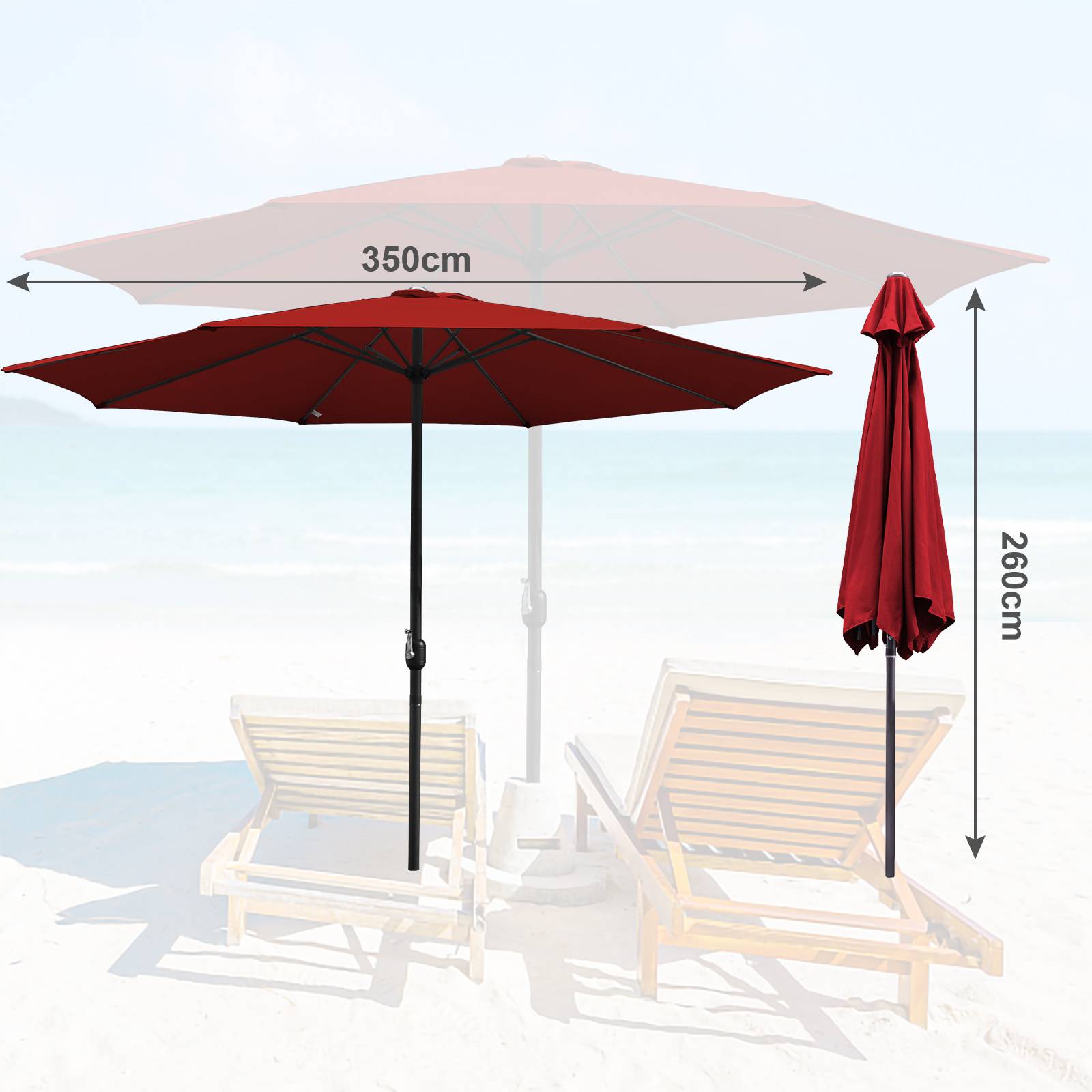Sonnenschirm Ampelschirm 350 cm mit UV-Schutz, Kurbel- Rot Gartenschirm Marktschirm Strandschirm