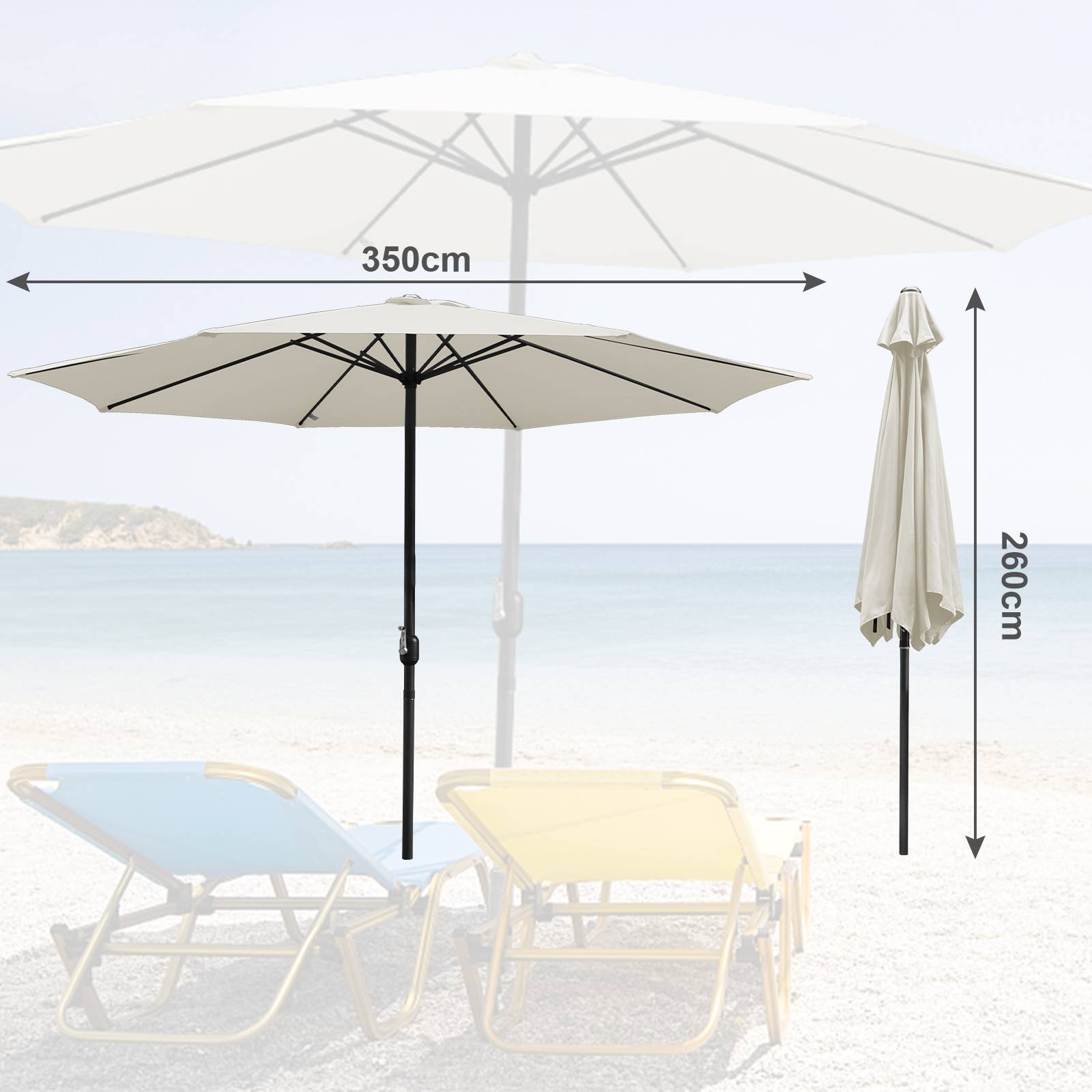 Sonnenschirm Ampelschirm 350 cm mit UV-Schutz, Kurbel- Beige Gartenschirm Marktschirm Strandschirm
